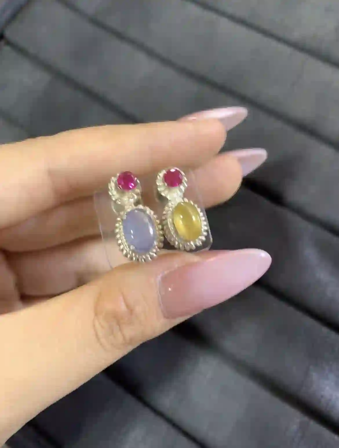  Two-Tone Lavender & Honey Yellow Jadeite Stud Earrings with Ruby Accents, view 2 | Myanmar Jadeite reference #6990004
