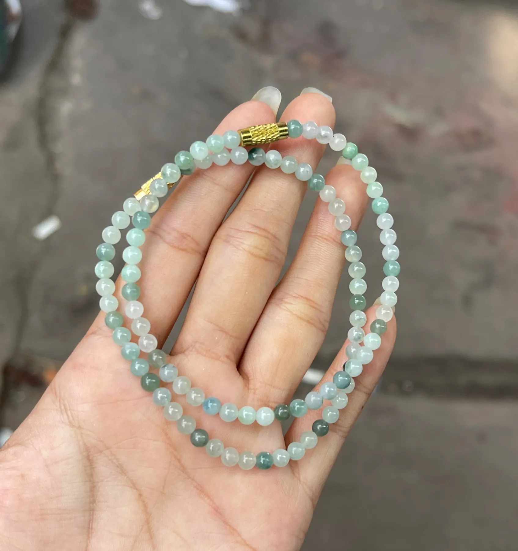 Natural High-Translucency Ice Variety Floating Teal & Mint Green Jadeite Bead Double-Loop Bracelet / Fine Strand Necklace with Textured Gold Clasp | Myanmar Jadeite reference #39180001