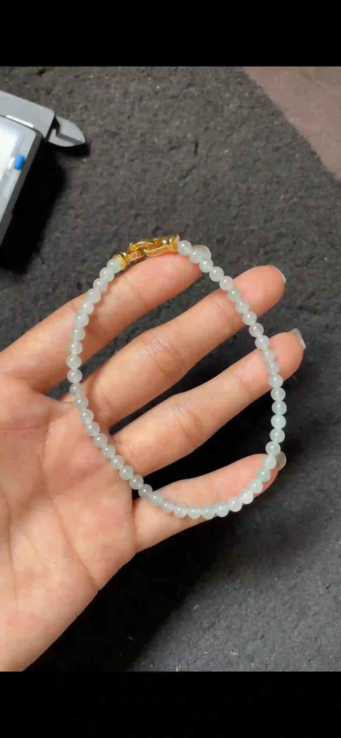  Mini Icy Pale Green Jadeite Beaded Bracelet with Gold Clasp, view 2 | Myanmar Jadeite reference #4650001