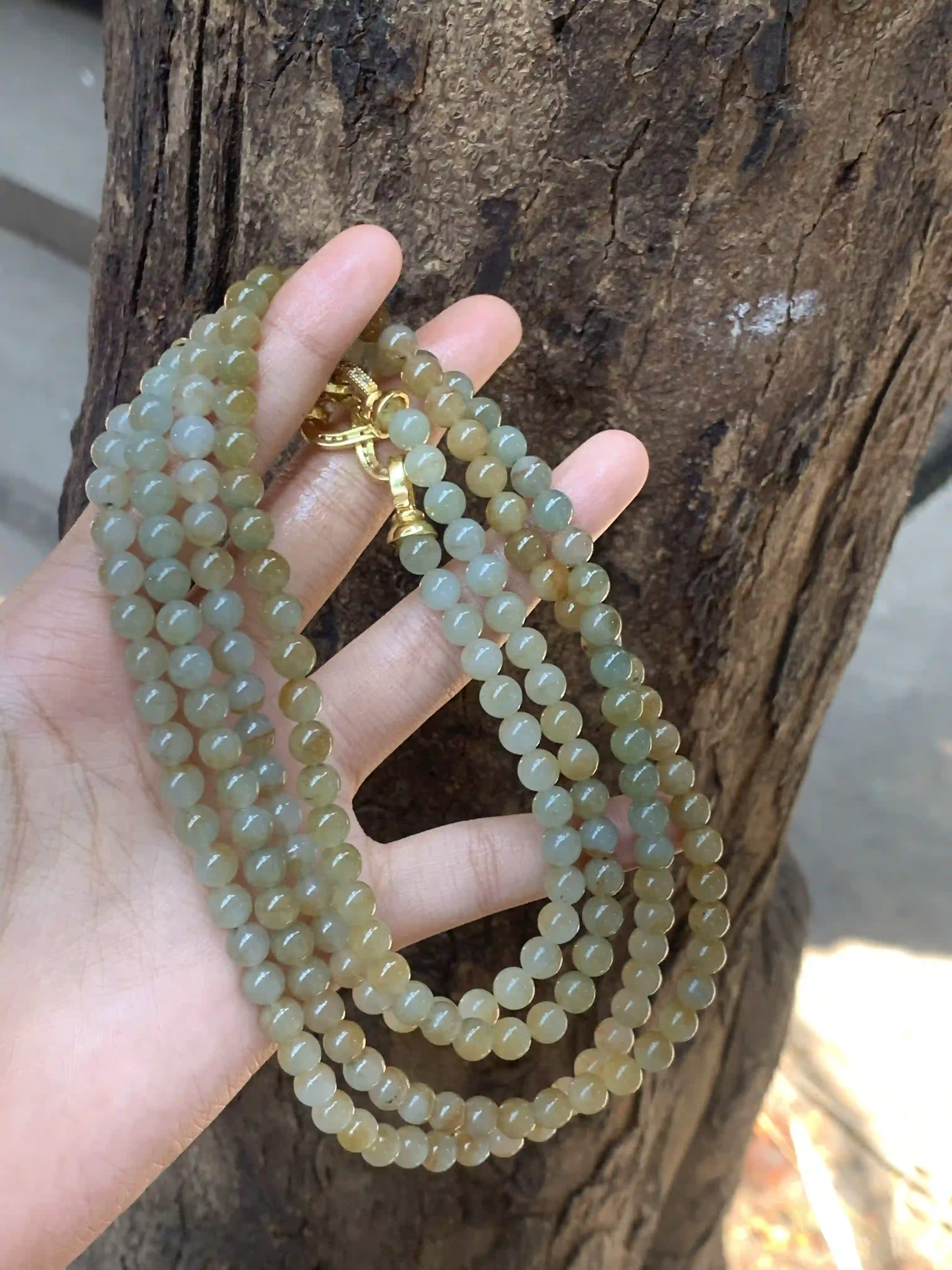Natural Yellowish Green Jade Bead Necklace | Myanmar Jadeite reference #2010003