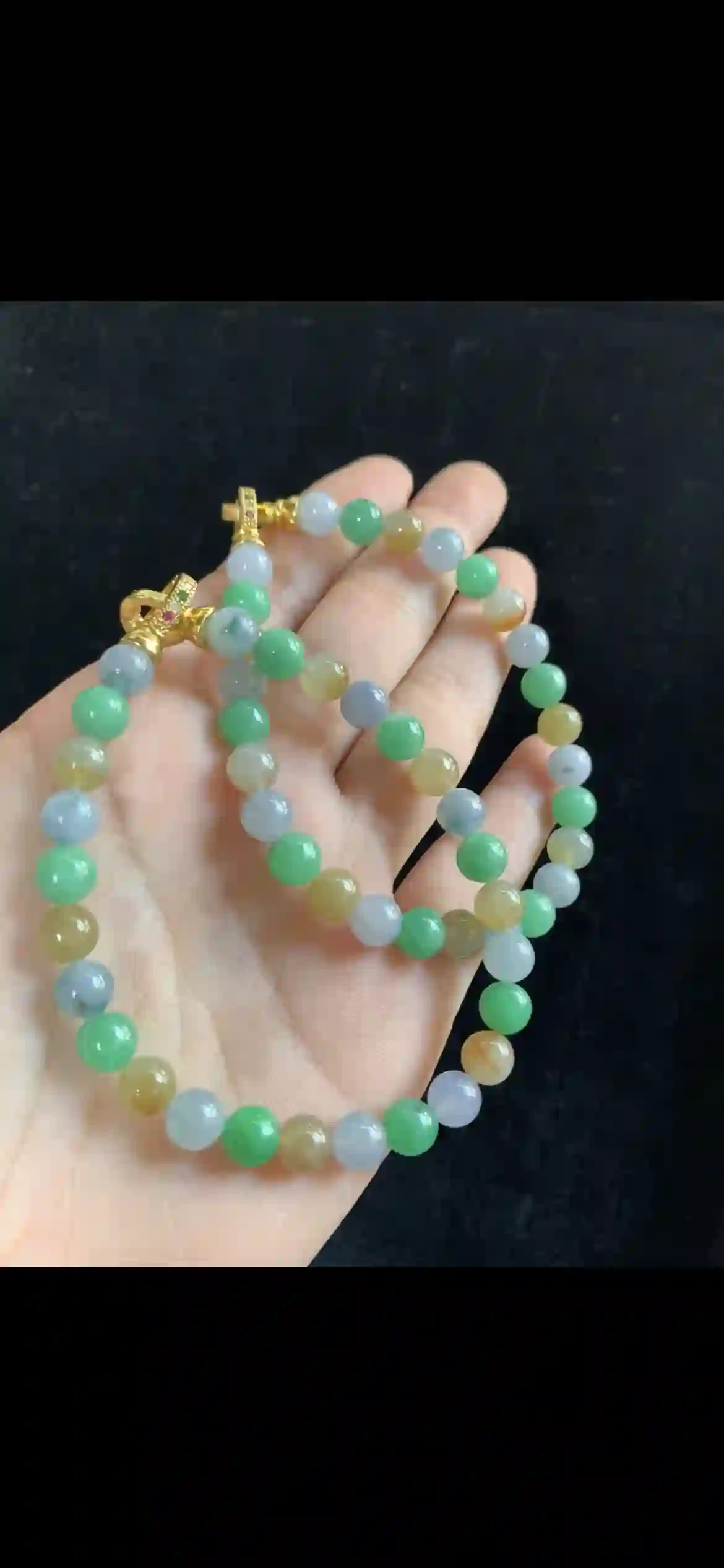 Tri-Color Pastel Jade Double-Strand Bracelet — Gold Clasp with Gemstone Accents | Myanmar Jadeite reference #34680001