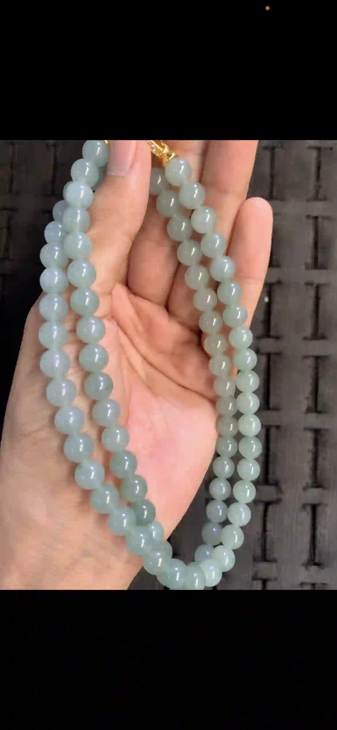  Premium Icy Pale Celadon Jade Bead Necklace with Gold Clasp, view 2 | Myanmar Jadeite reference #17670001