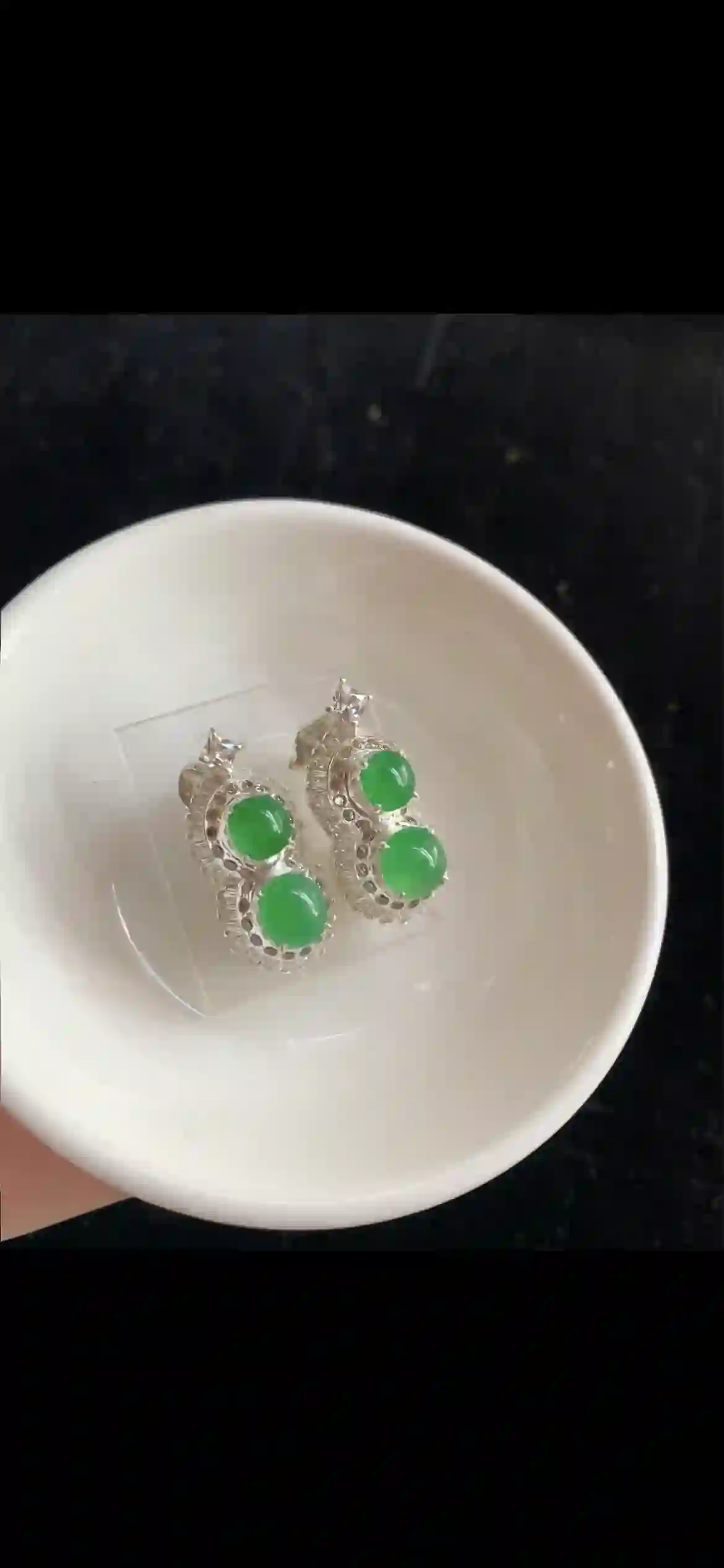 Double-Gem Vivid Green Jade Earrings with Diamond Halo Accents | Myanmar Jadeite reference #31290001