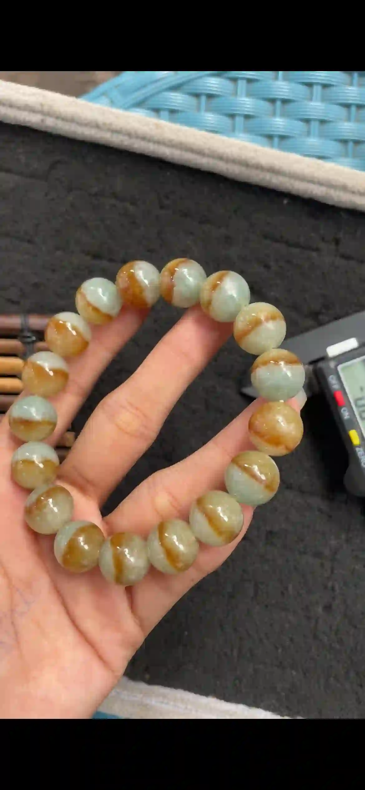  Two-Tone Green & Golden Yellow Jade Bead Bracelet, view 2 | Myanmar Jadeite reference #6030001