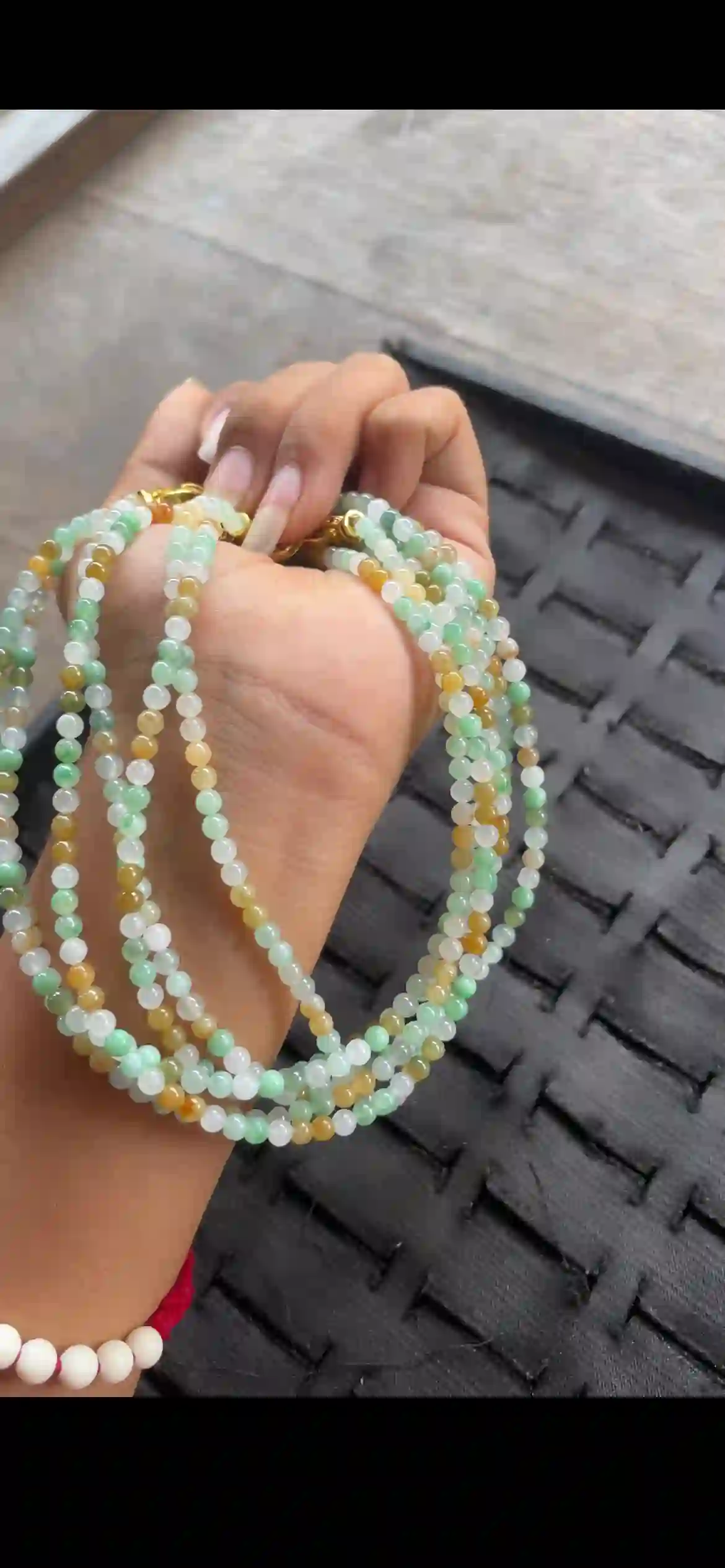 Multi-Strand Rainbow Gradient Jadeite Beaded Necklace with Gold Clasps, view 2 | Myanmar Jadeite reference #24030002