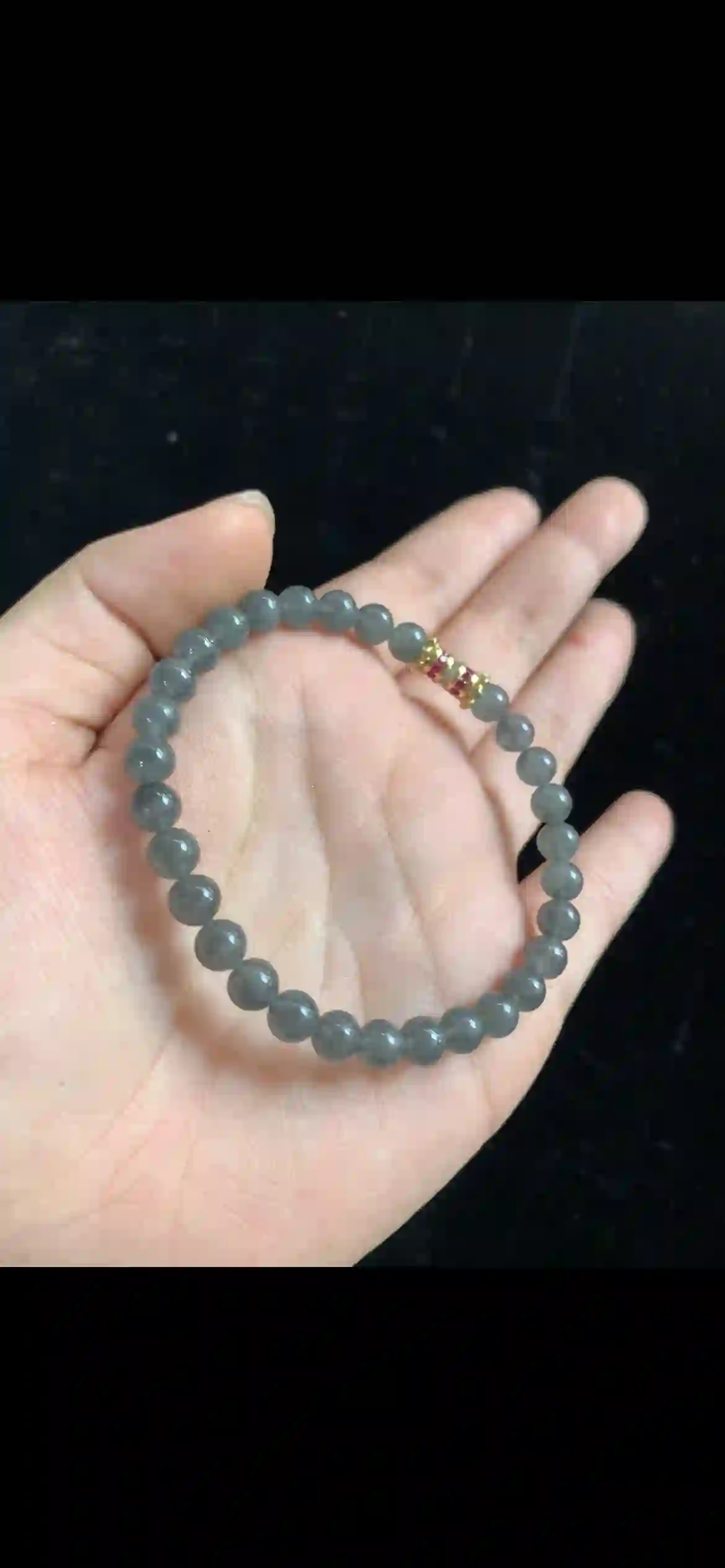 Smoky Grey Blue Jade Beaded Bracelet — Gold Spacer with Ruby & Crystal Accents | Myanmar Jadeite reference #34410001