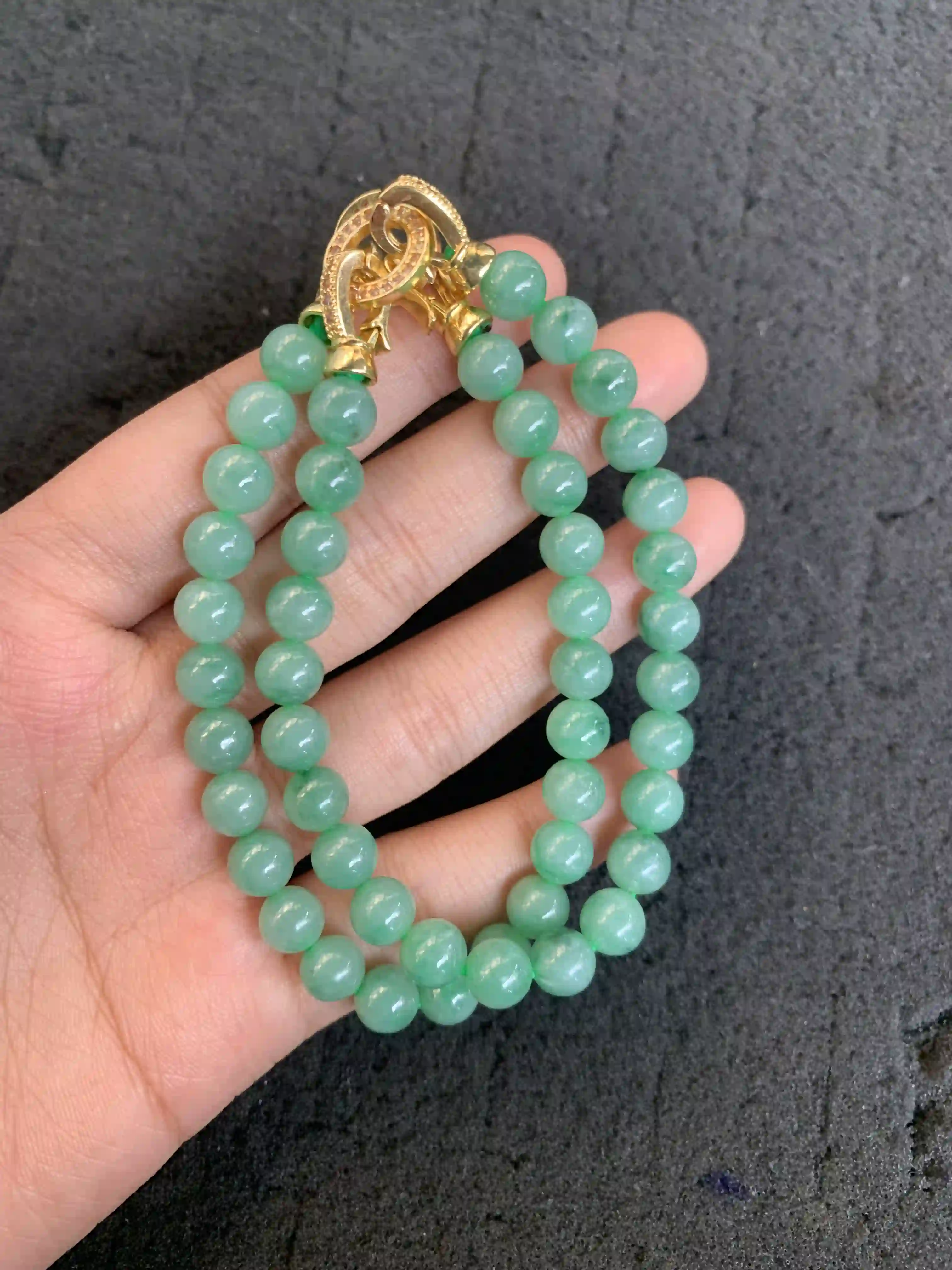 Lush Green Jadeite Beaded Necklace with Embellished Gold Clasp, view 2 | Myanmar Jadeite reference #1470002