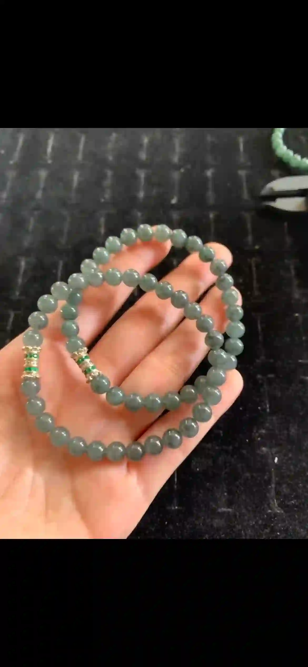 Double-Strand Deep Teal Jade Bead Bracelet with Emerald Accent Clasps | Myanmar Jadeite reference #17280001