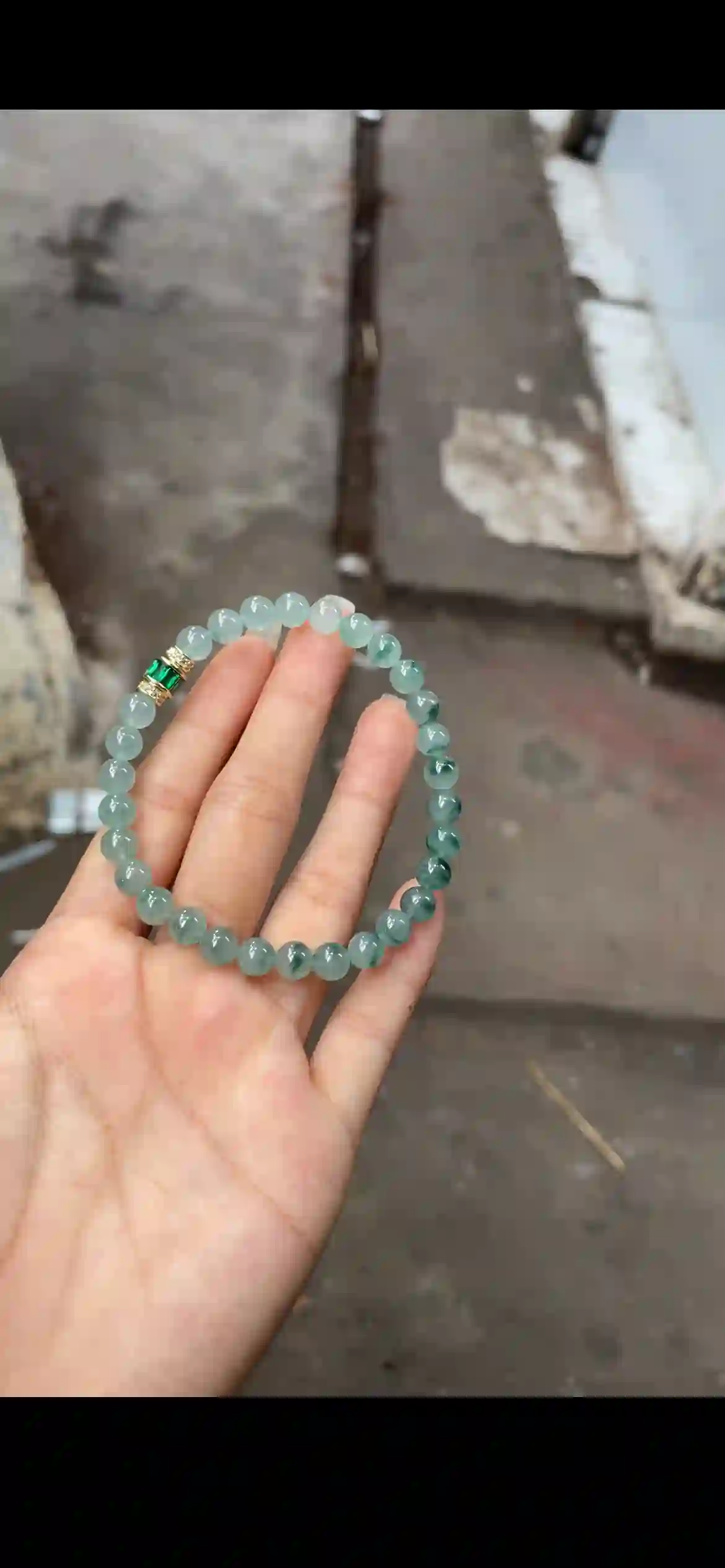 Natural Icy Floating Green Jadeite Bead Bracelet with Decorative Accent, view 2 | Myanmar Jadeite reference #26220002