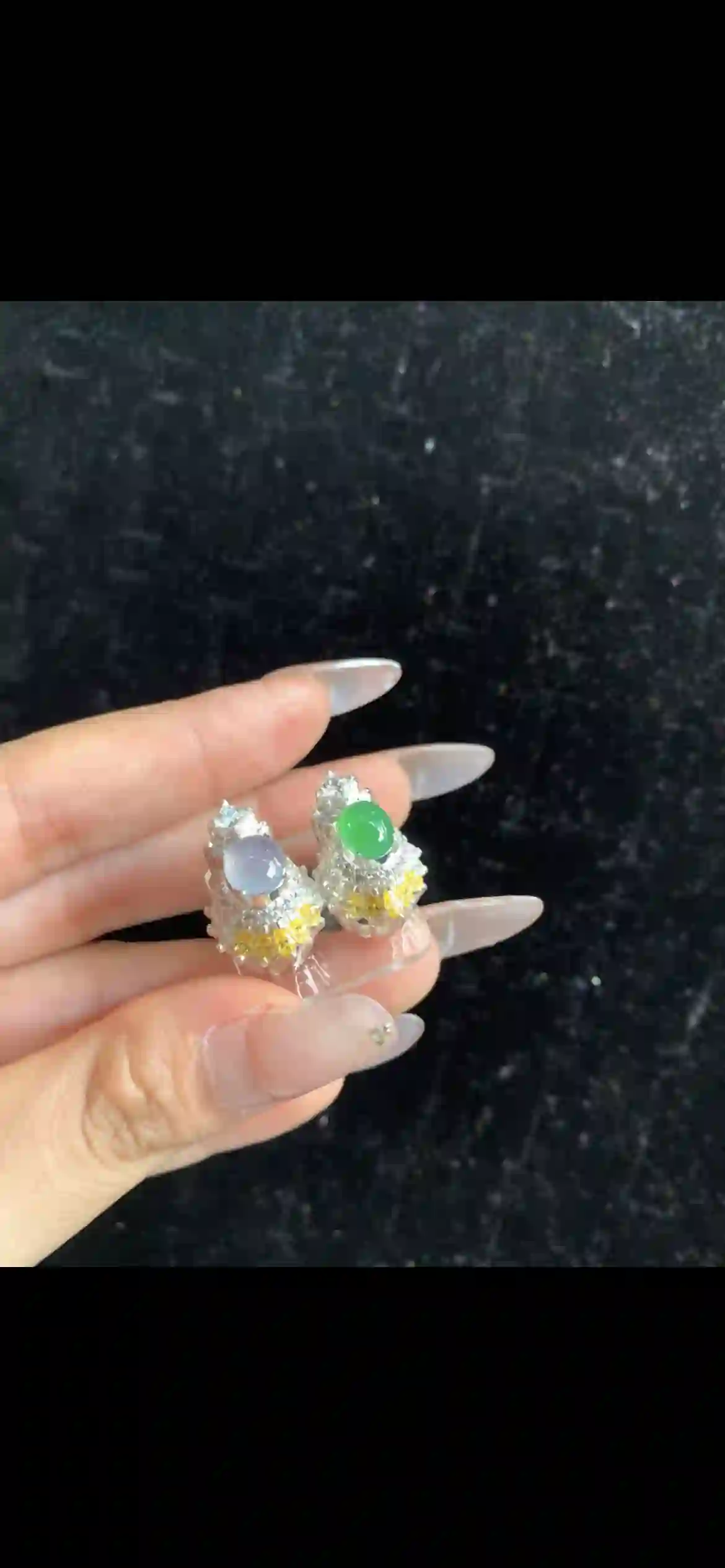 Mismatched Icy Lavender & Imperial Green Jade Earrings with Diamond & Yellow Gem Accents | Myanmar Jadeite reference #32430001