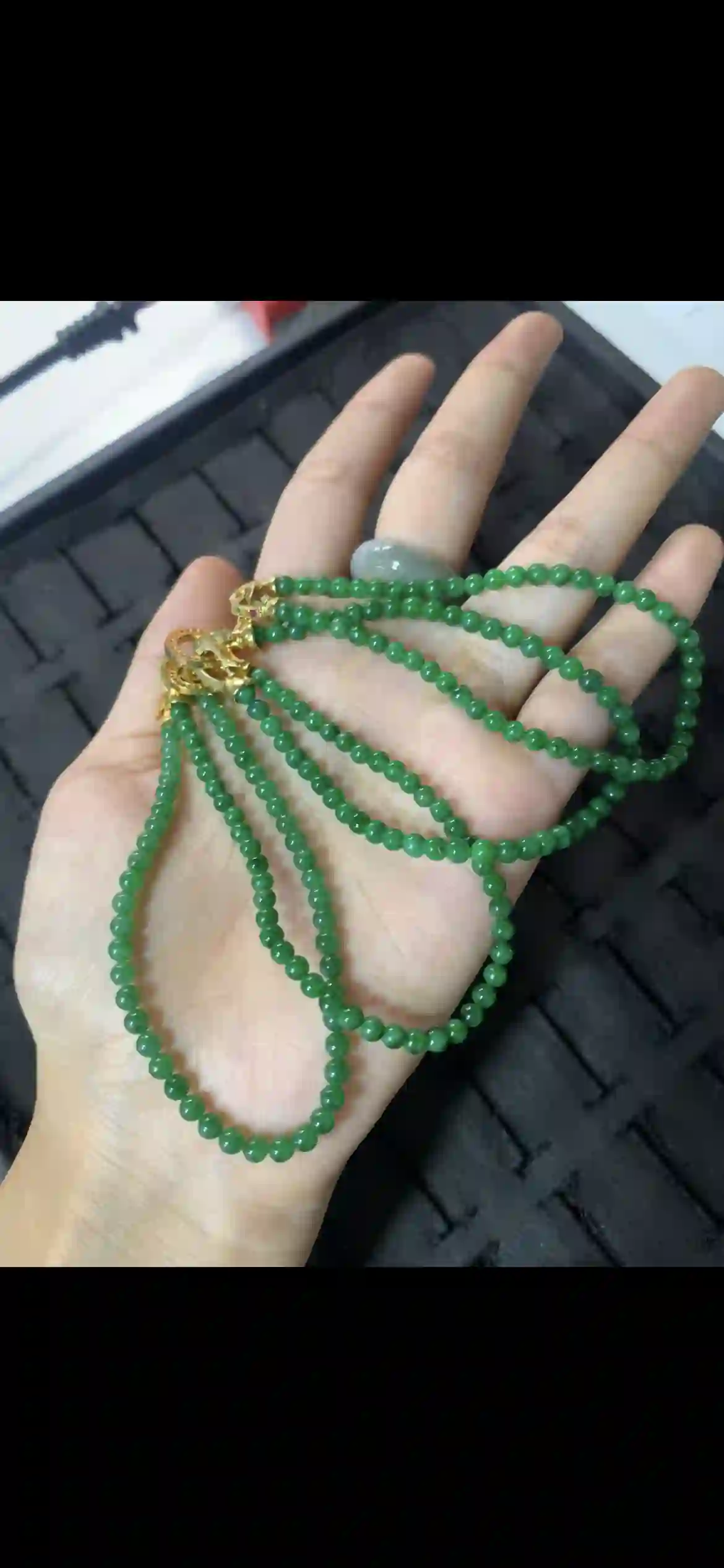 Vibrant Deep Green Jadeite Fine Bead Strands with Premium Gold‑Tone Clasps, view 2 | Myanmar Jadeite reference #26490001