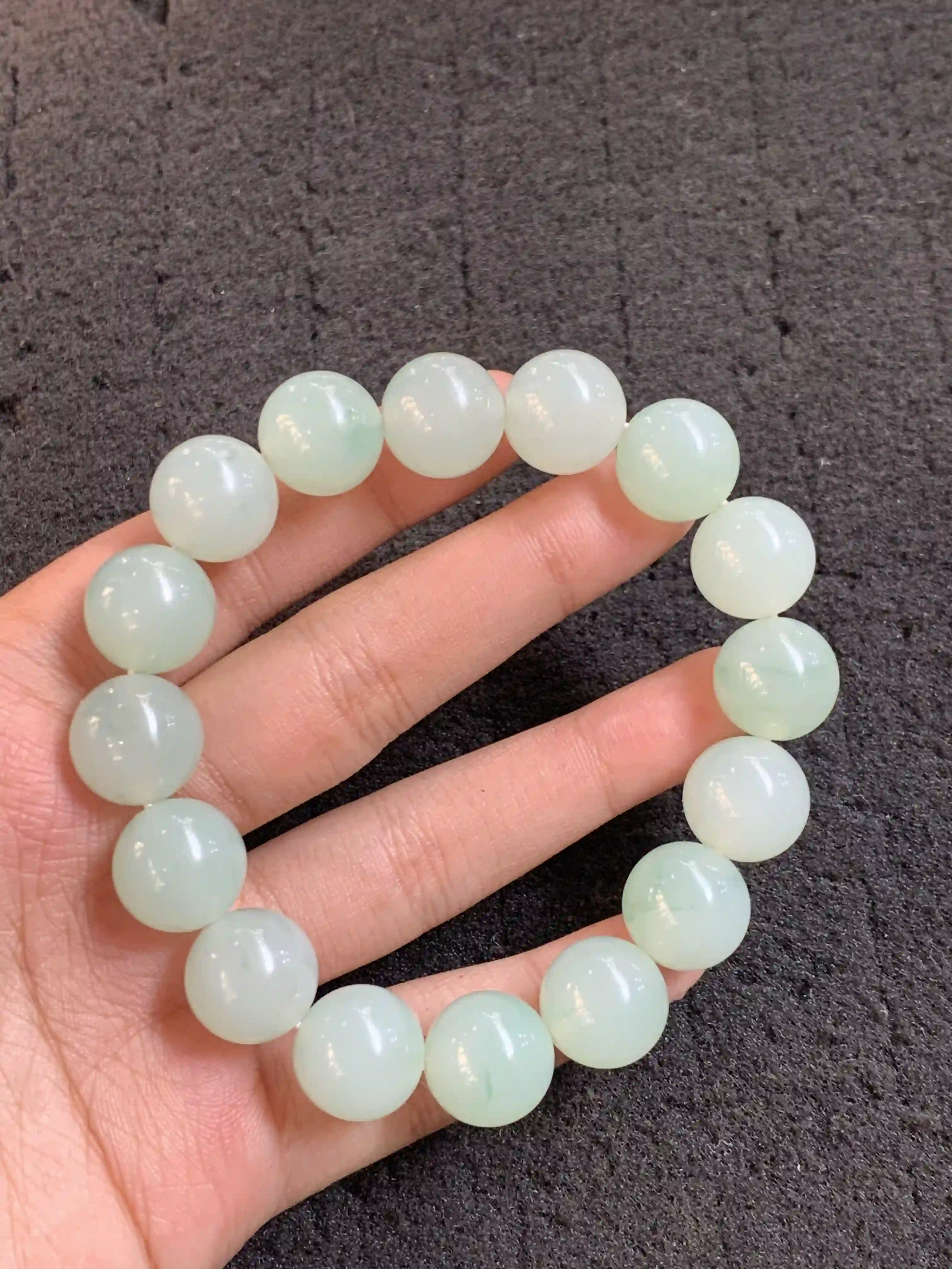Pale Green Smooth Beaded Stretch Bracelet, view 2 | Myanmar Jadeite reference #1350002