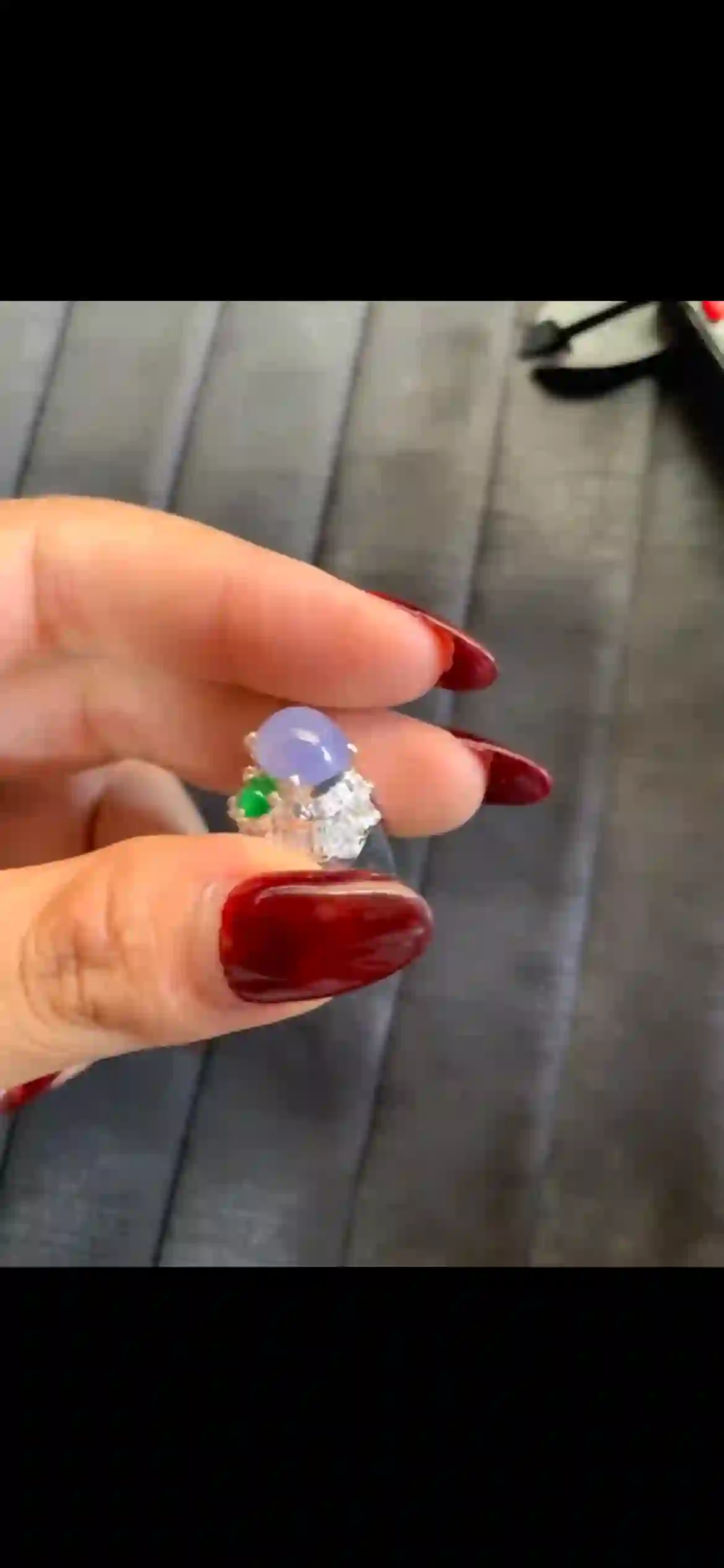 Lavender & Vivid Green Jade Ring with Diamond Halo, Sterling Silver Setting | Myanmar Jadeite reference #5490001