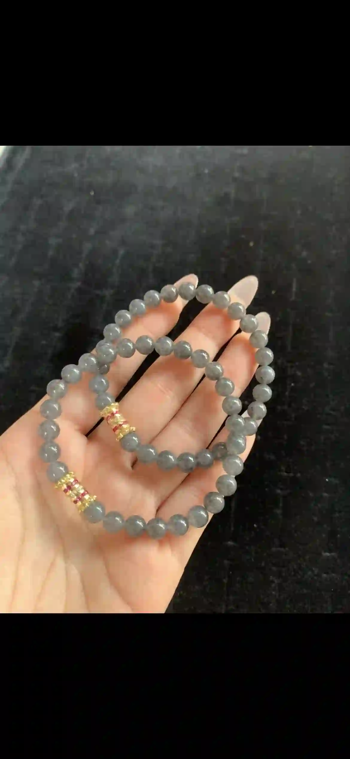 Smoky Grey Jade Double-Strand Bracelet with Gold & Ruby Accents | Myanmar Jadeite reference #32070001