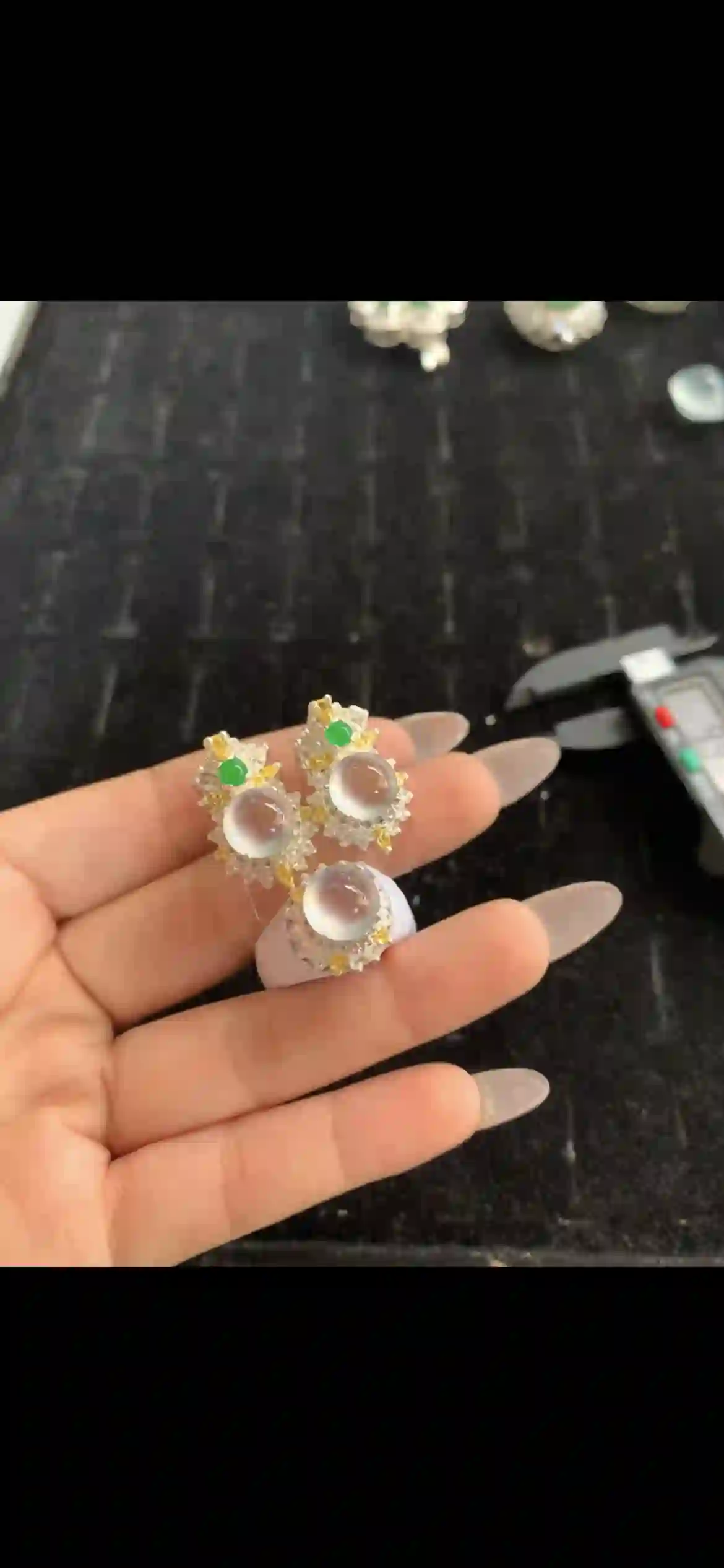 Icy White Jade Cabochon Ring & Earrings Set — Sterling Silver with Emerald & Yellow Sapphire Accents, view 2 | Myanmar Jadeite reference #28890001