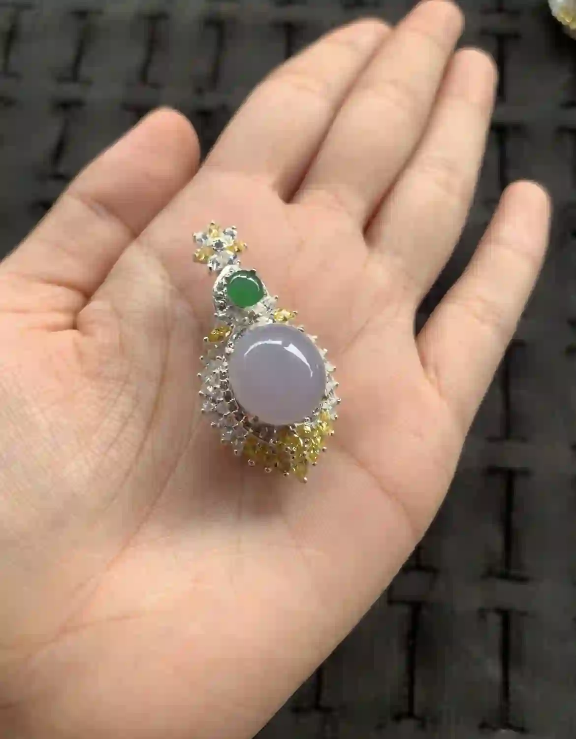 Lavender Jadeite Pendant with Vivid Green Accent & Gemstone Halo | Myanmar Jadeite reference #10500003