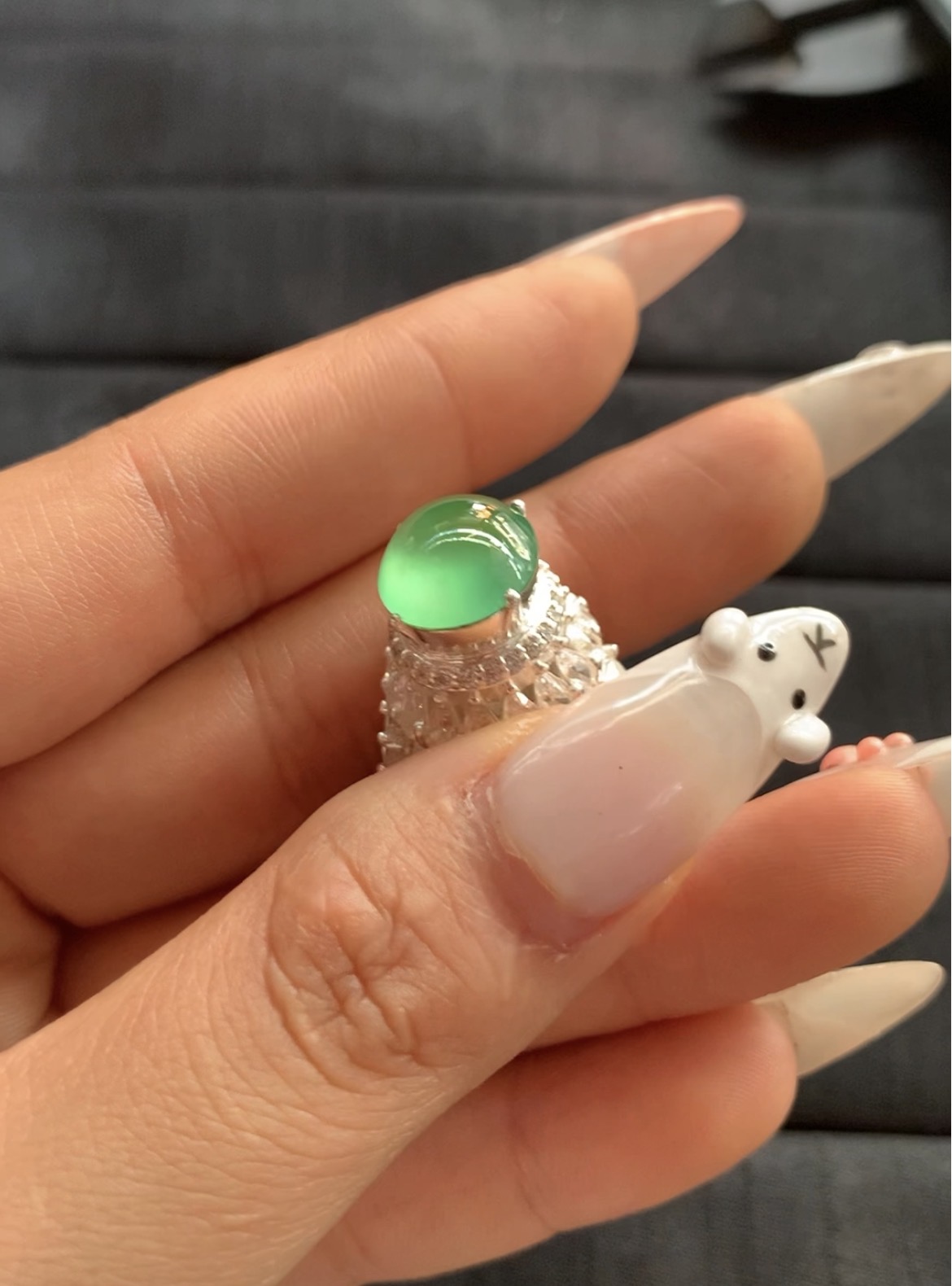 Exquisite Vivid Green Gemstone Ring with Textured Silver Band Exquisite Vivid Green Gemstone Ring with Textured Silver Band - Burmese Jadeite from Myanmar