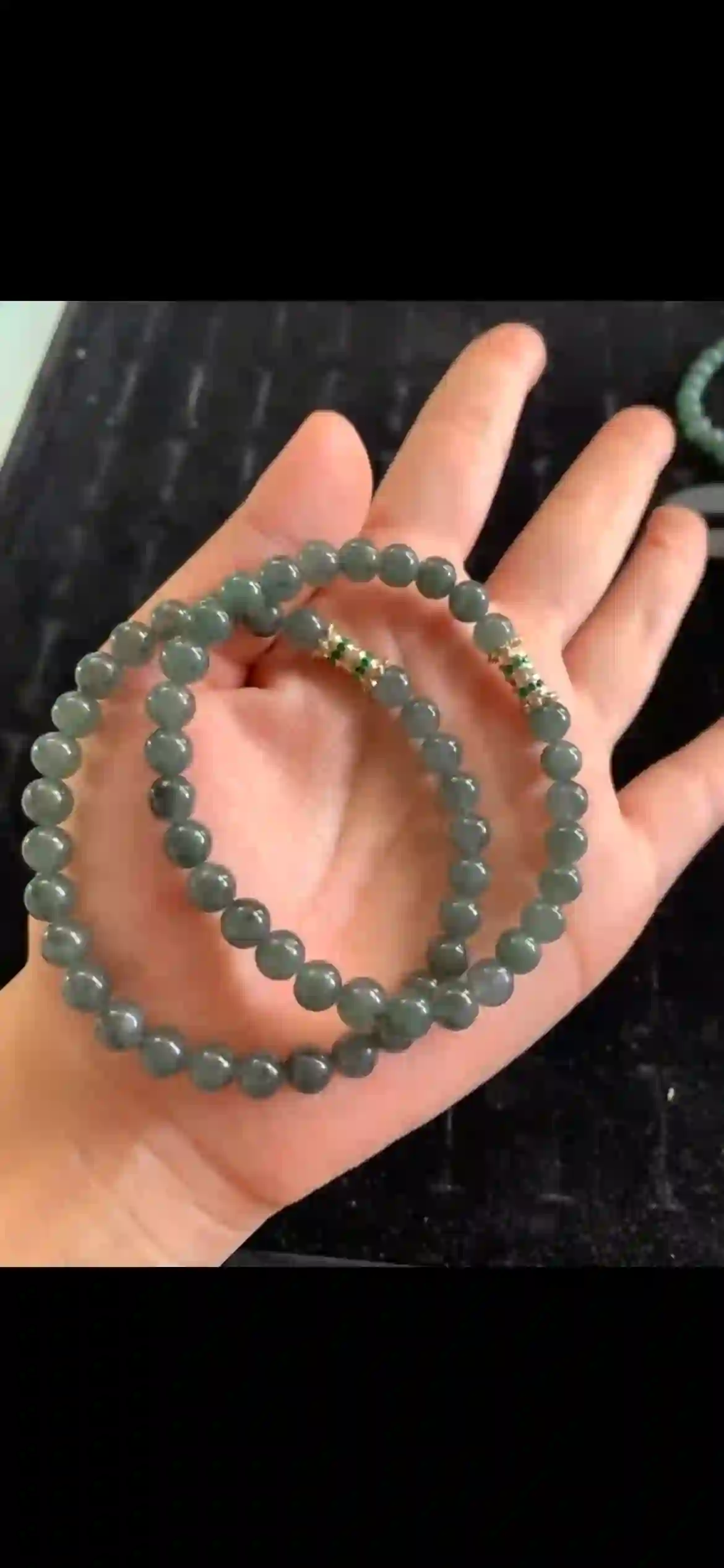 Double-Strand Deep Teal Jade Bead Bracelet with Emerald Accent Clasps, view 2 | Myanmar Jadeite reference #17280001