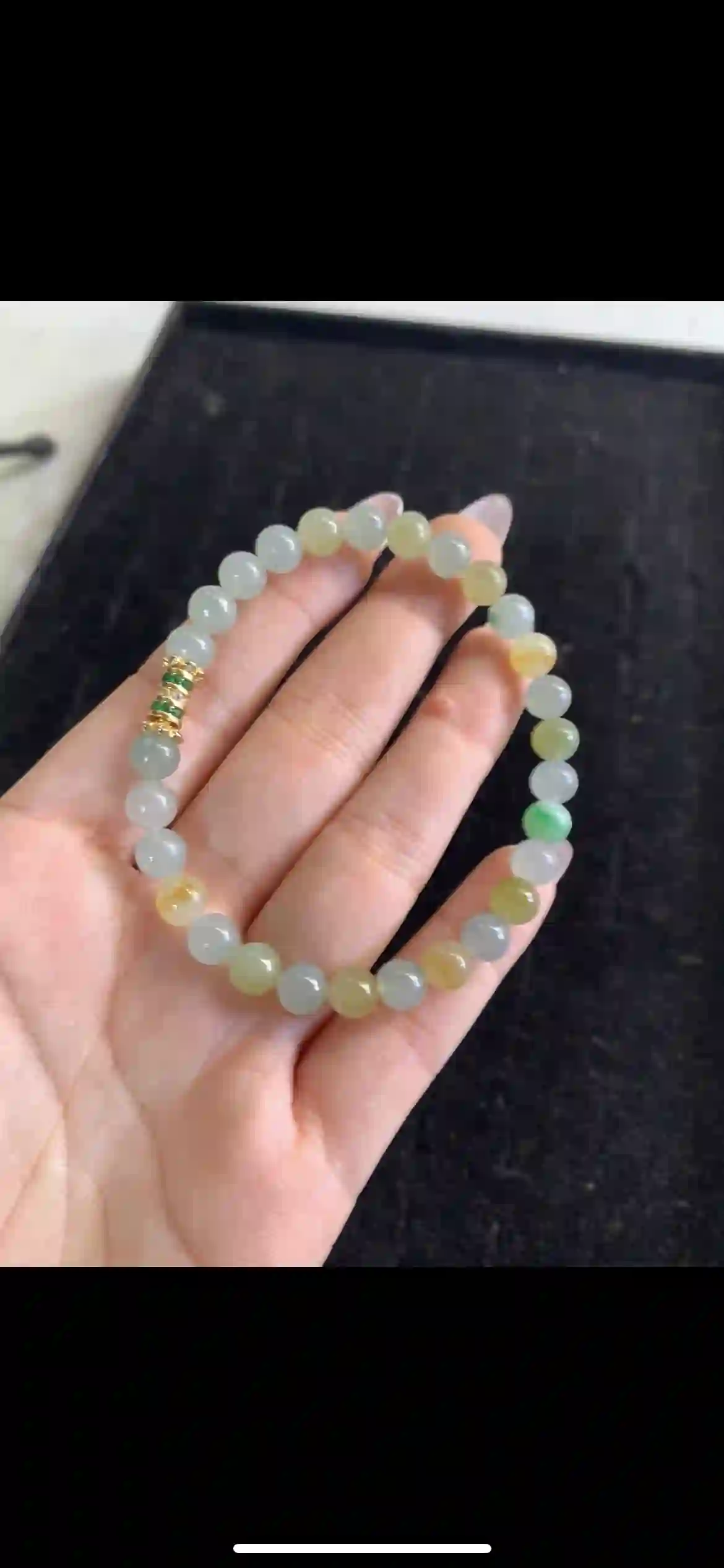 Soft Gradient Multitone Jade Beaded Bracelet with Gold & Green Gem Accent, view 2 | Myanmar Jadeite reference #22890001