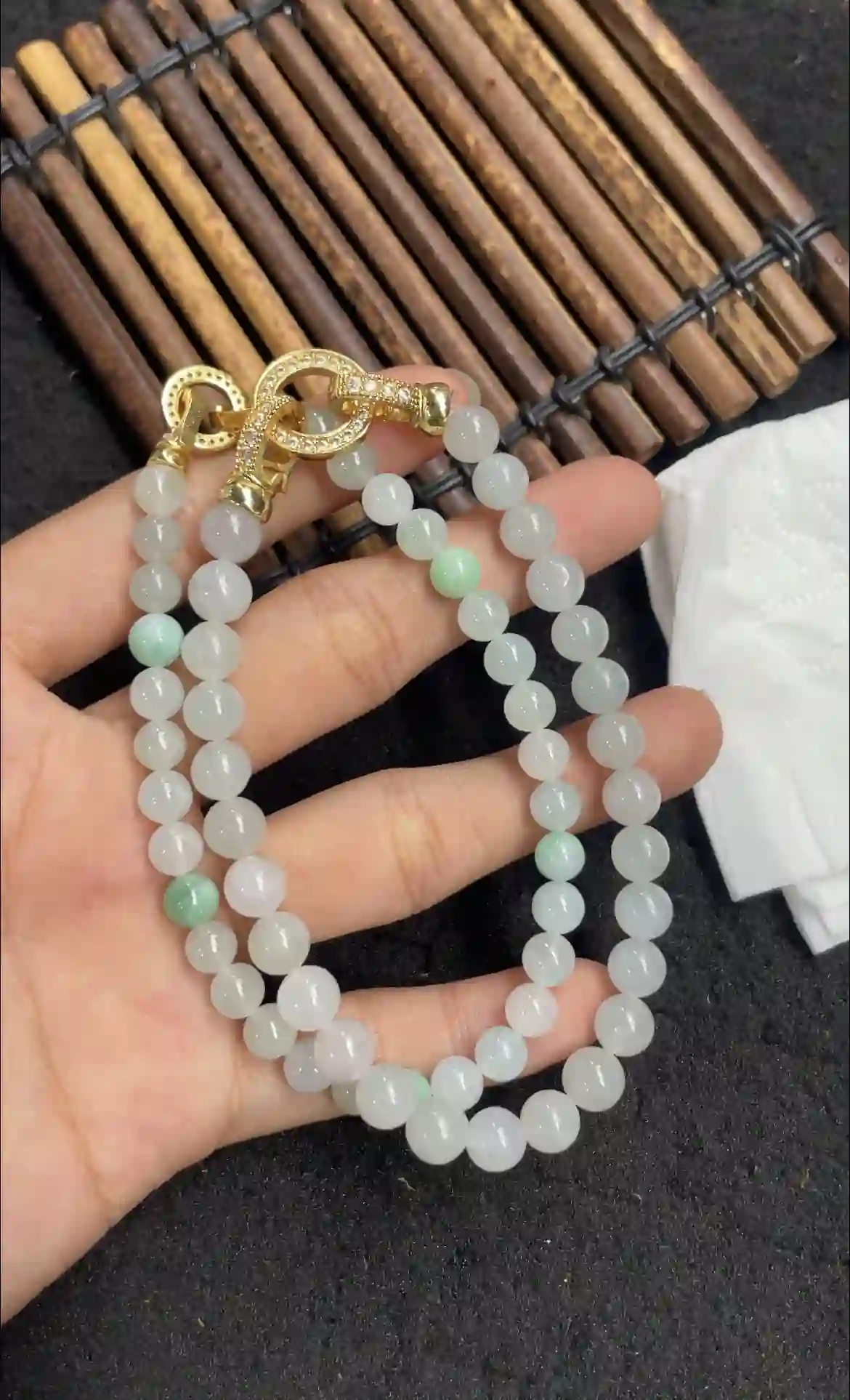 Icy White Jade with Green Accents Necklace | Myanmar Jadeite reference #2700008
