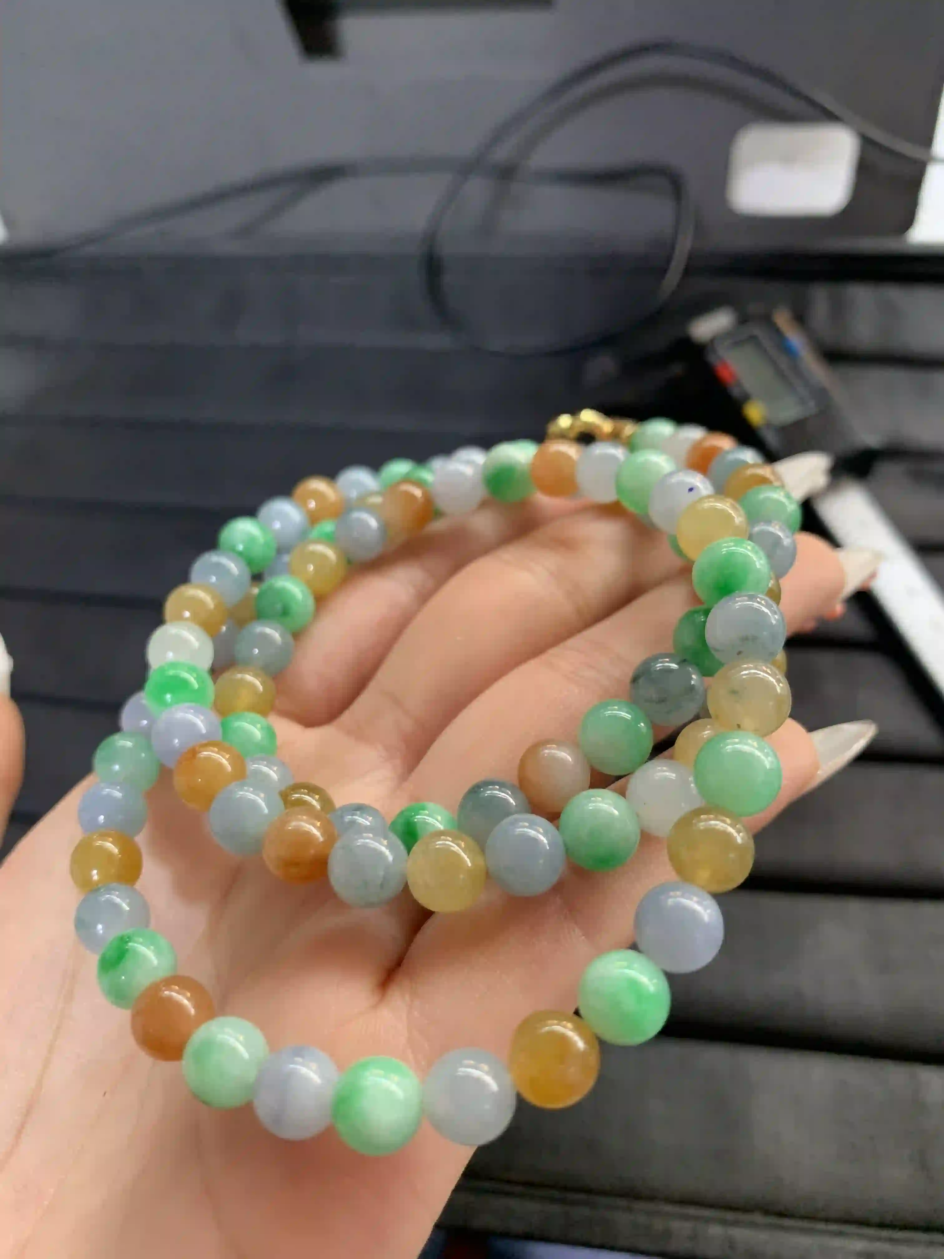 Colorful Multi-Hued Beaded Bracelet/Necklace with Gold Accents | Myanmar Jadeite reference #1350005