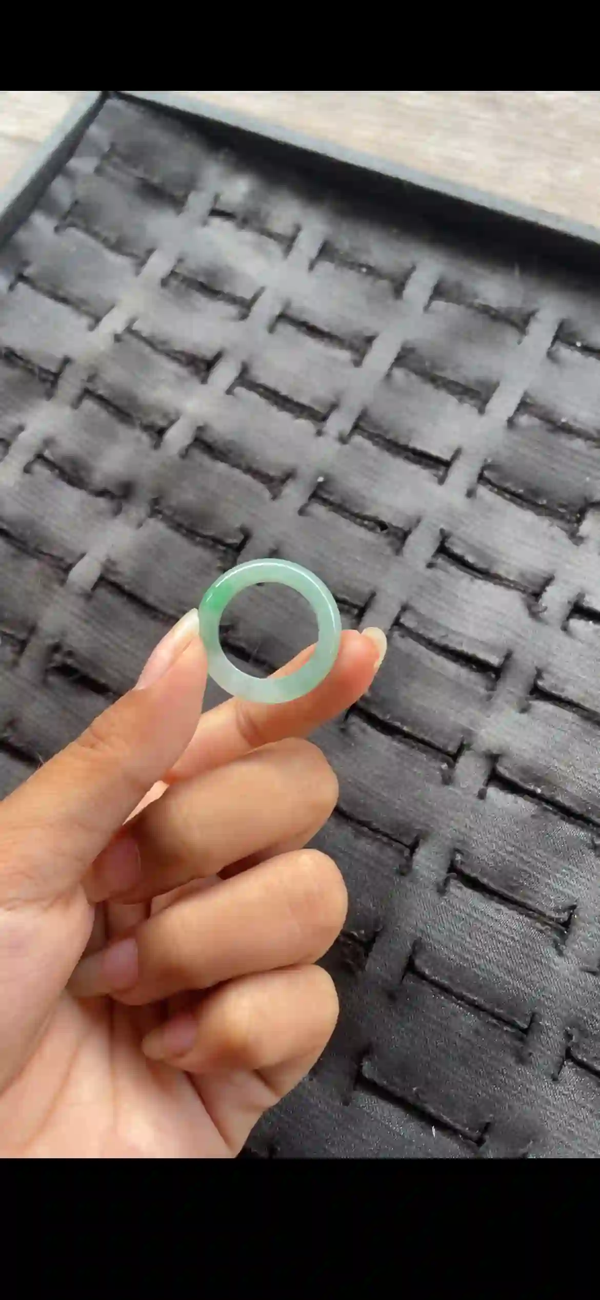 Icy Jadeite Band Ring with Vivid Floating Green Spot, view 2 | Myanmar Jadeite reference #24000001