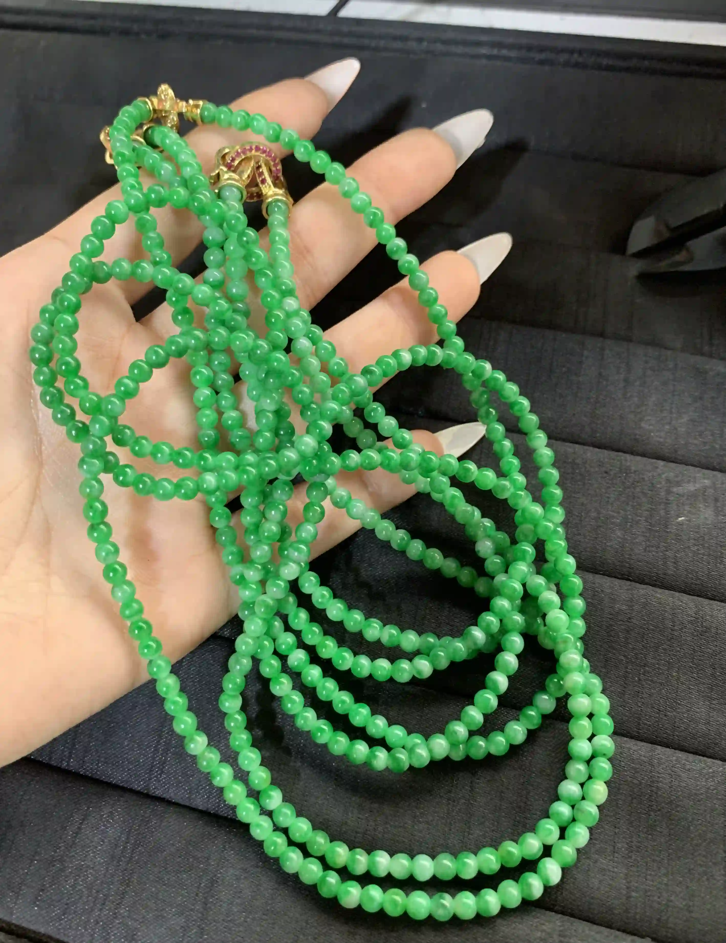  Vibrant Green Jade Multi-Strand Necklace with Ornate Gold Accents | Myanmar Jadeite reference #1590004