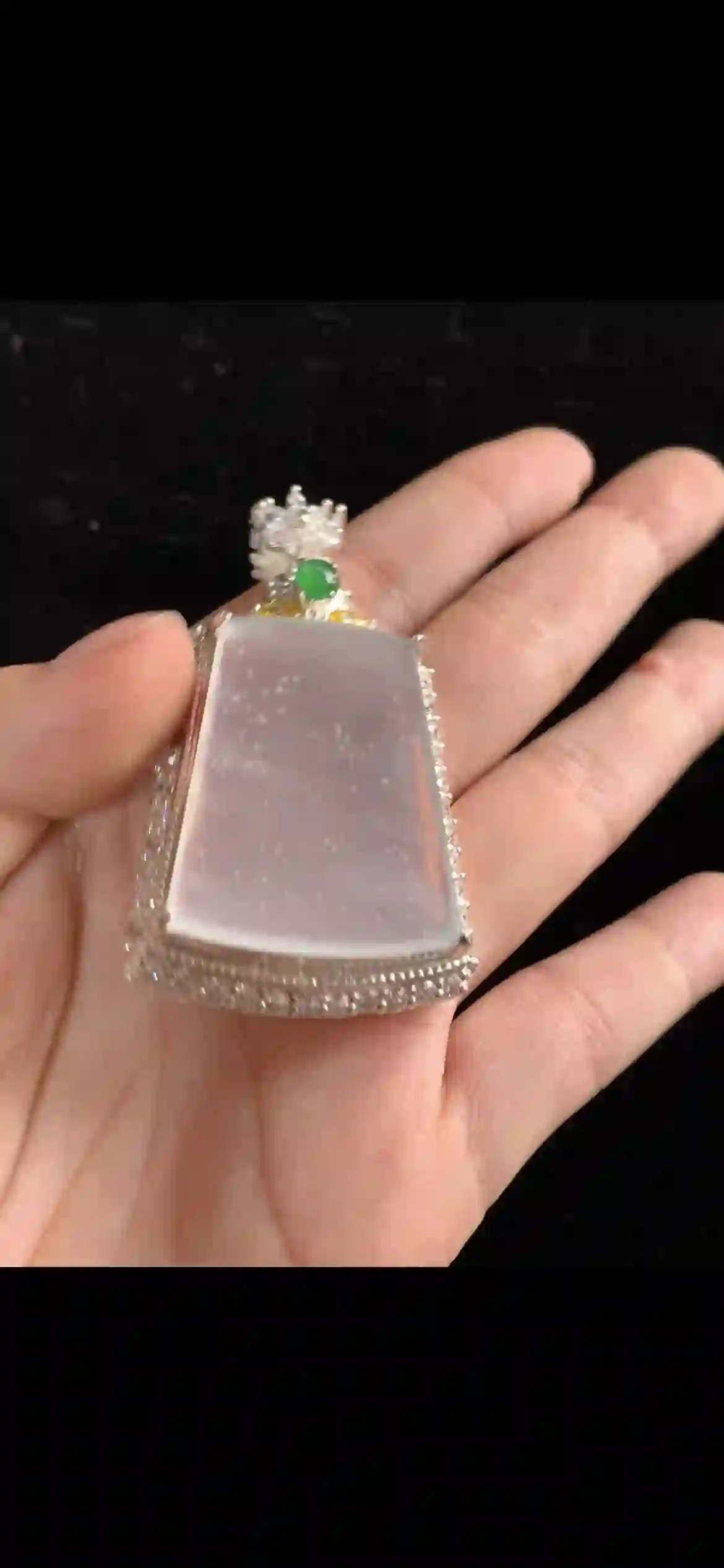 Icy Snowflake Jade Rectangular Plaque Pendant with Diamond Halo | Myanmar Jadeite reference #36120001