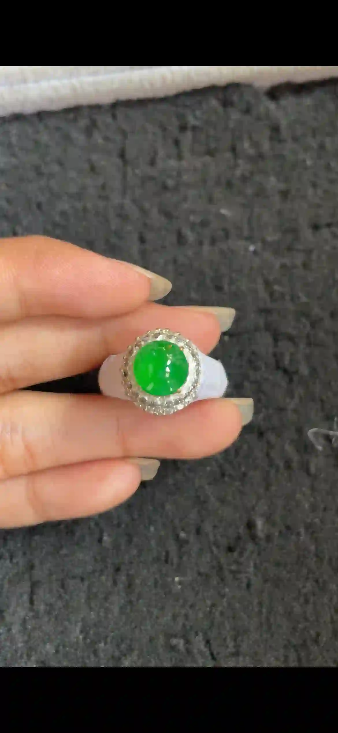 Vibrant Imperial Green Jadeite Cabochon Ring with Diamond Halo | Myanmar Jadeite reference #7230001
