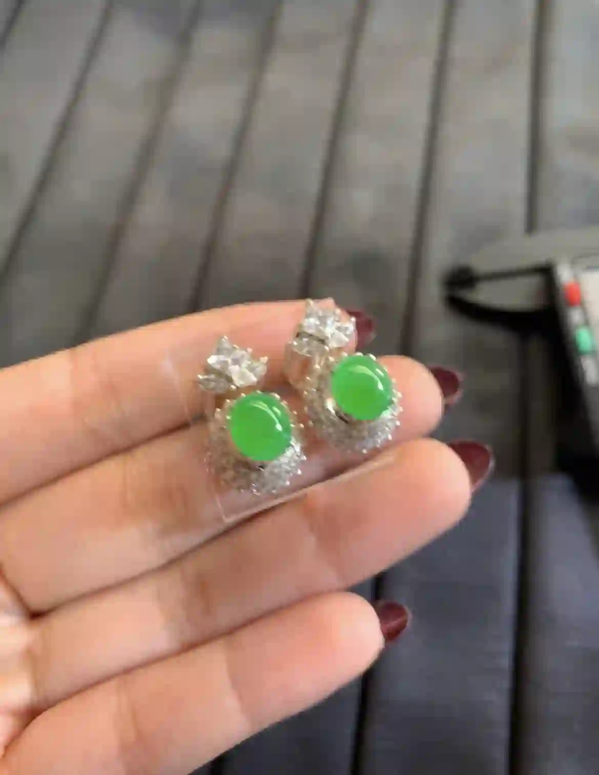   Vibrant Green Jade Cabochon Earrings with Diamond Halo & Accents | Myanmar Jadeite reference #2880005
