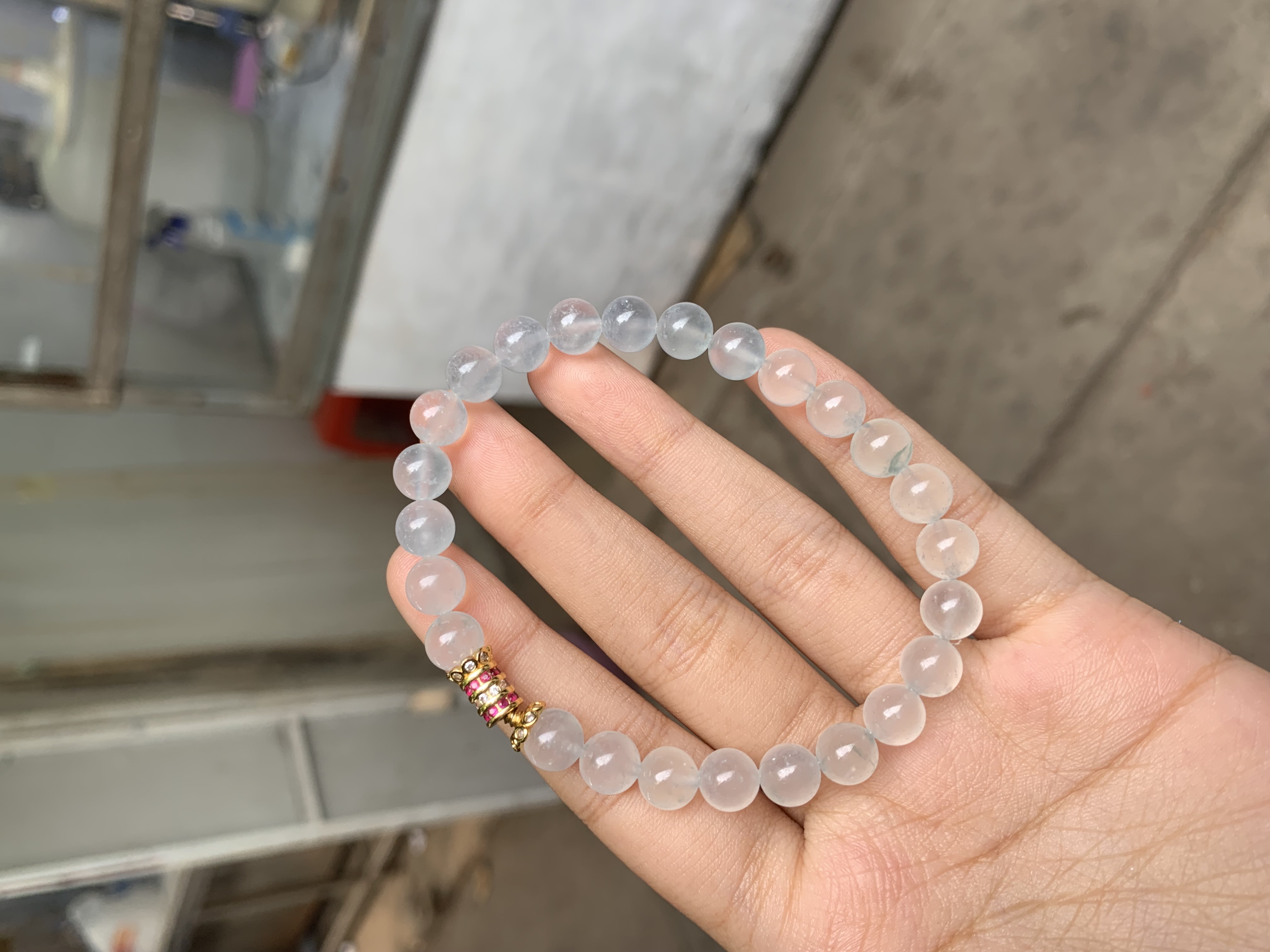 Translucent Clear Jade Bead Bracelet with Decorative Gold-tone Accent