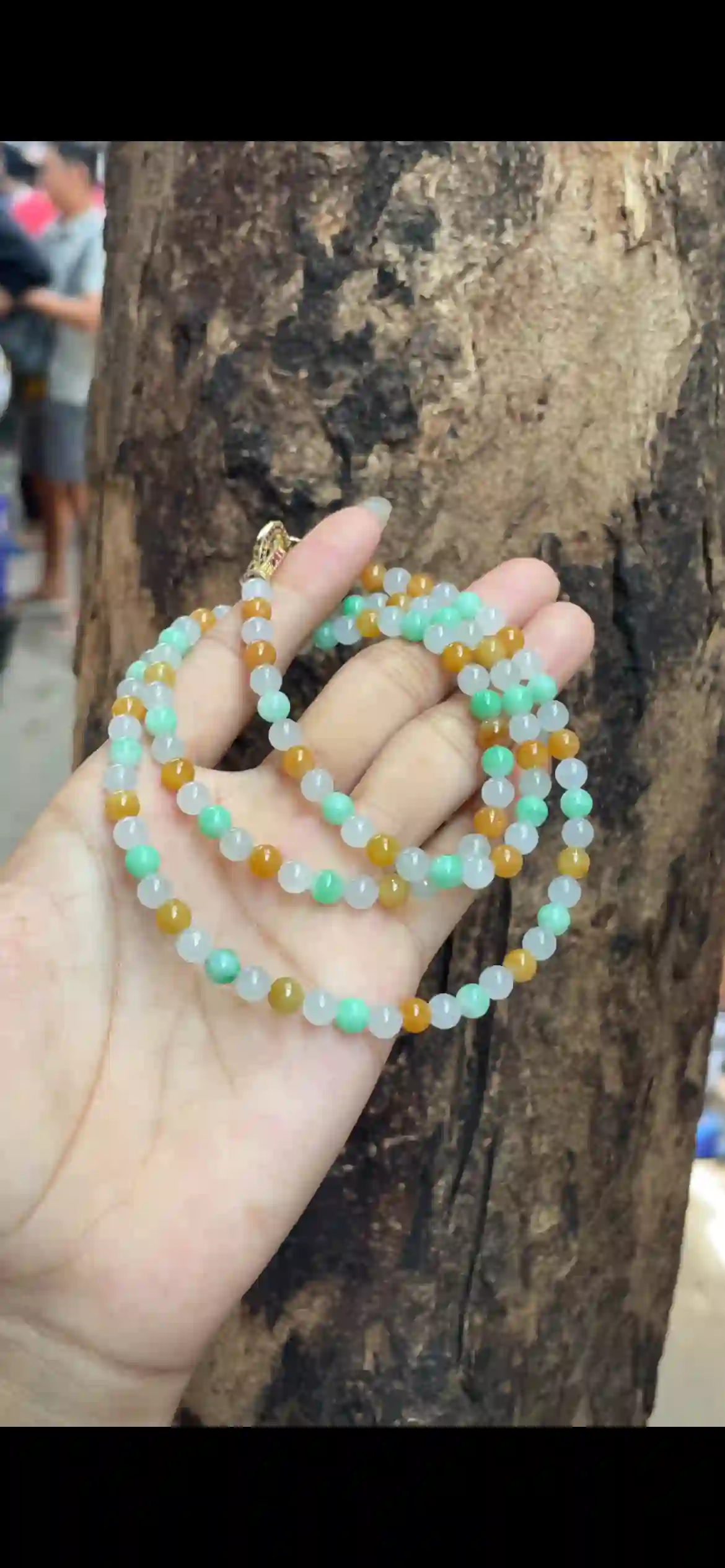 Three-Color Icy Jadeite Bead Necklace, view 2 | Myanmar Jadeite reference #7650002