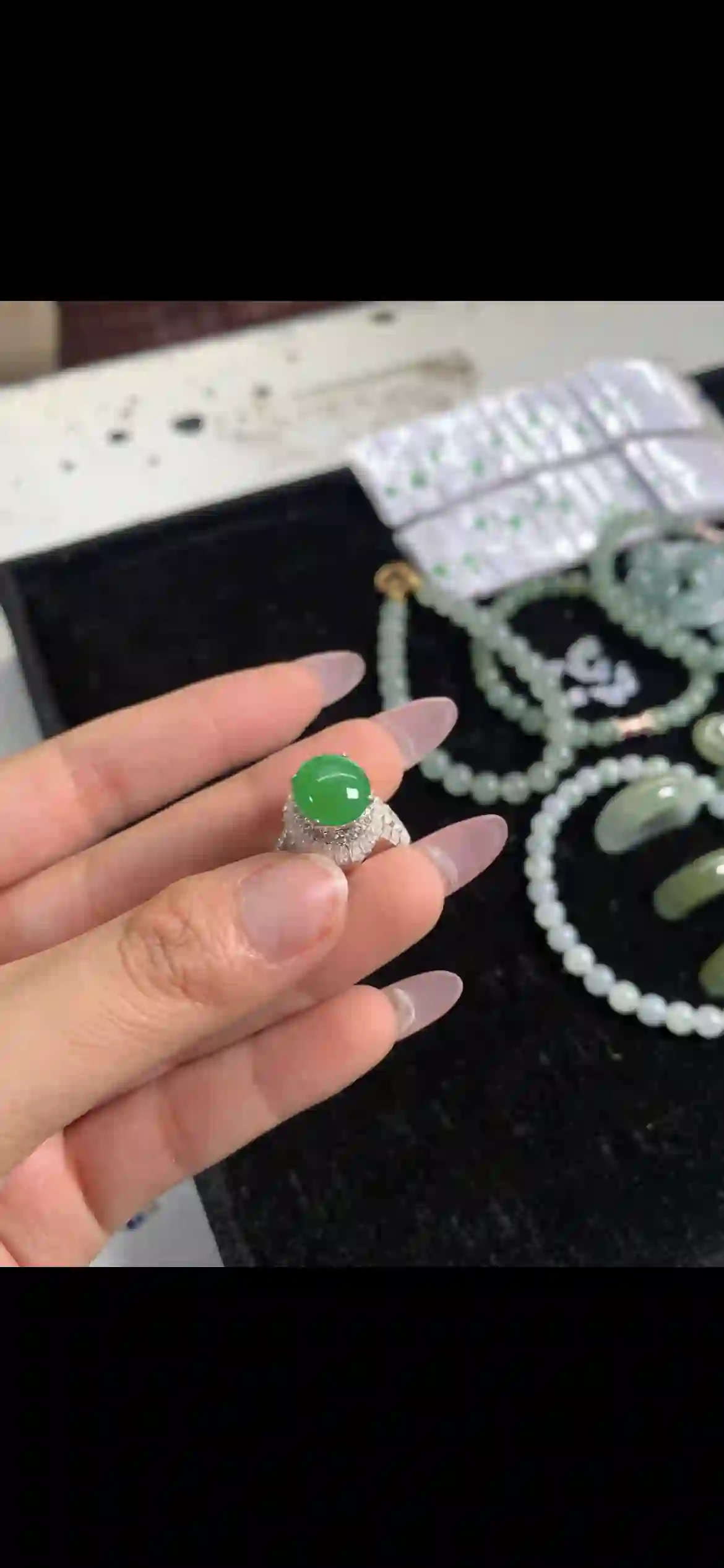 Vivid Imperial Green Jadeite Cabochon Halo Ring | Myanmar Jadeite reference #11220001