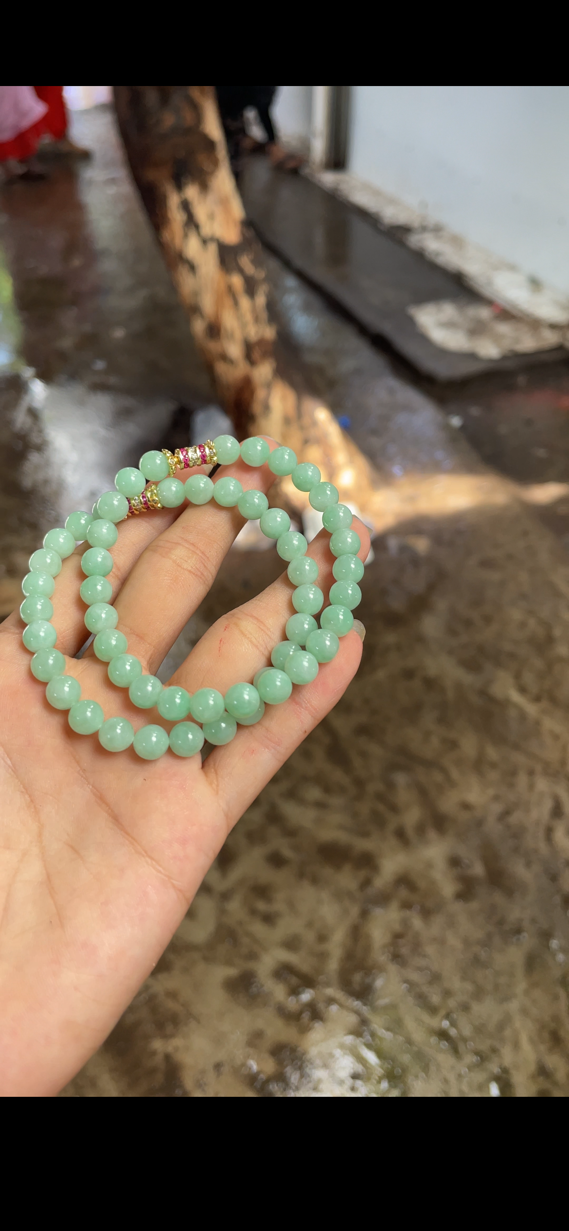 Serene Mint Green Jade Bead Bracelet — Double Strand with Gold & Pink Accent
