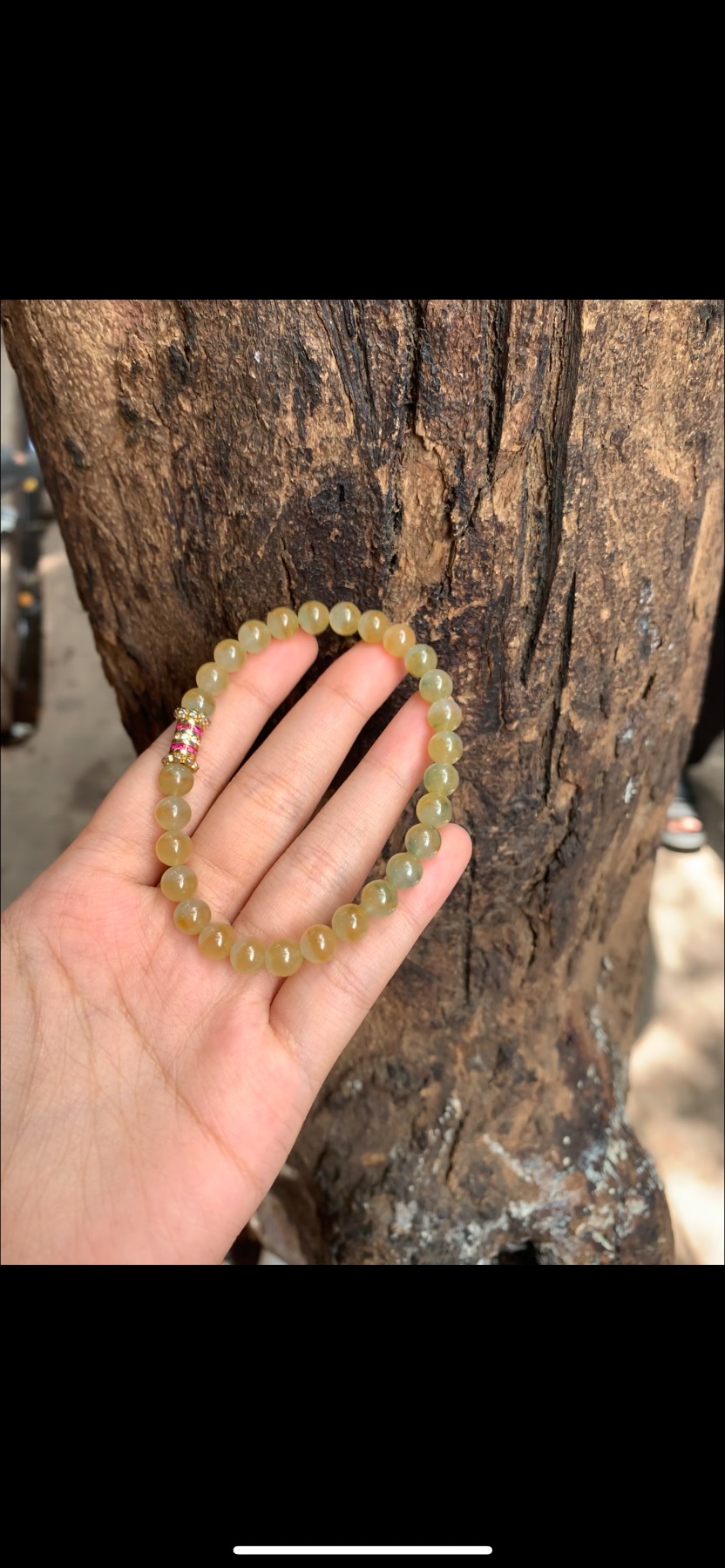 Natural Ice Variety Honey Yellow Jadeite Small Bead Bracelet with Gold & Ruby-Red Accent - Burmese Jadeite from Myanmar