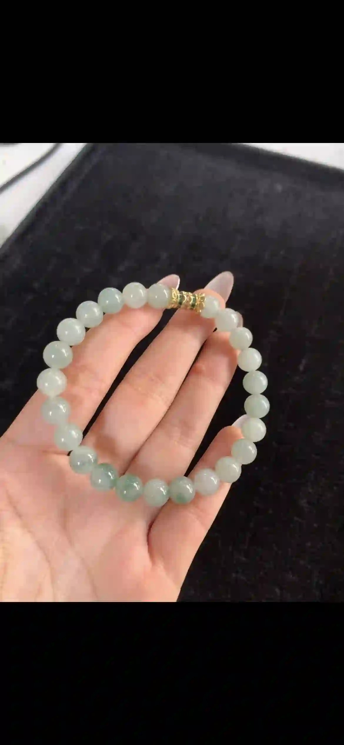Pale Celadon Green Jade Beaded Bracelet — Gold & Emerald Accent Spacer, view 2 | Myanmar Jadeite reference #29040001