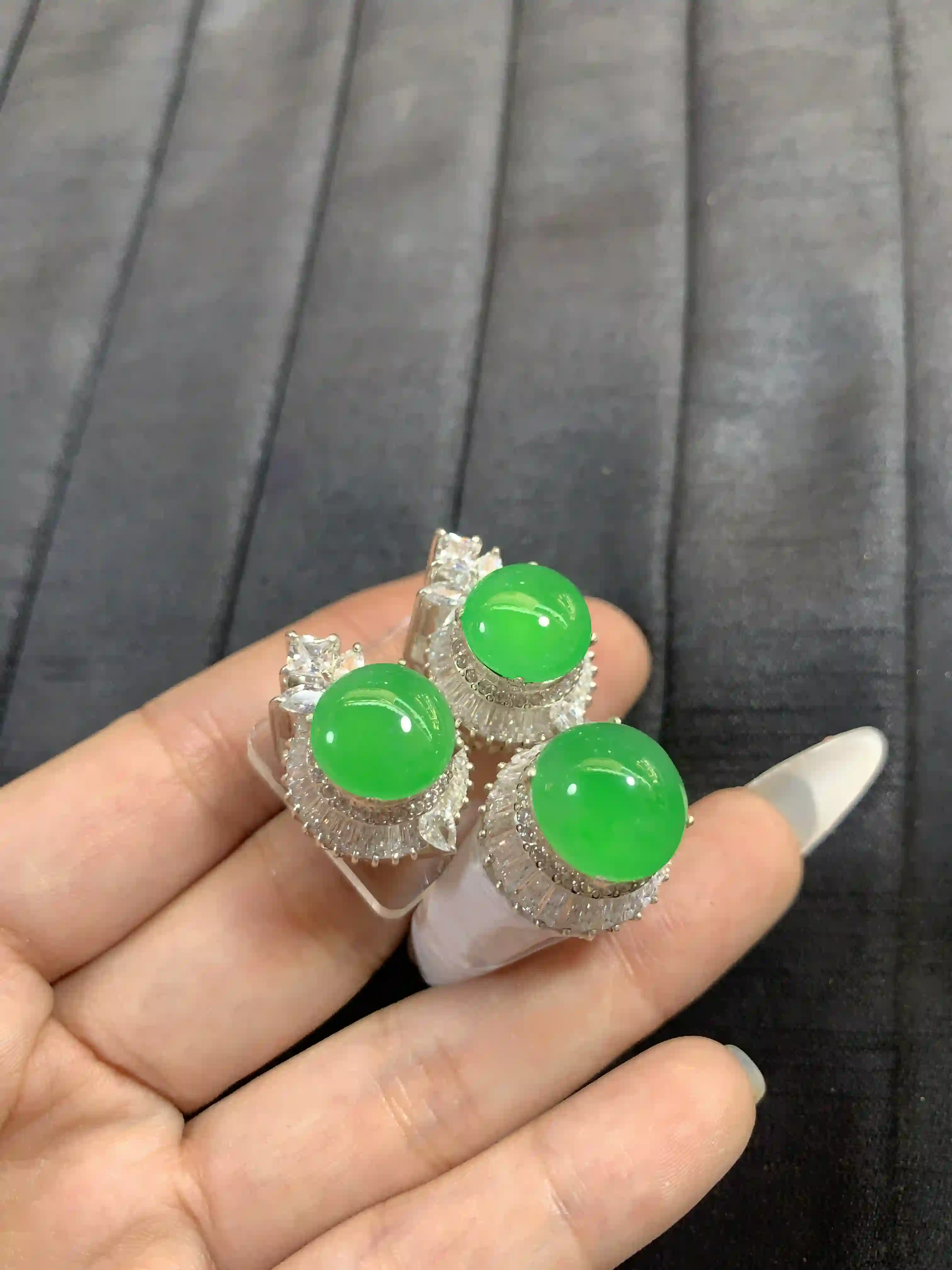 Imperial Green Jade Cabochon Rings with Diamond Accents, view 2 | Myanmar Jadeite reference #2220009