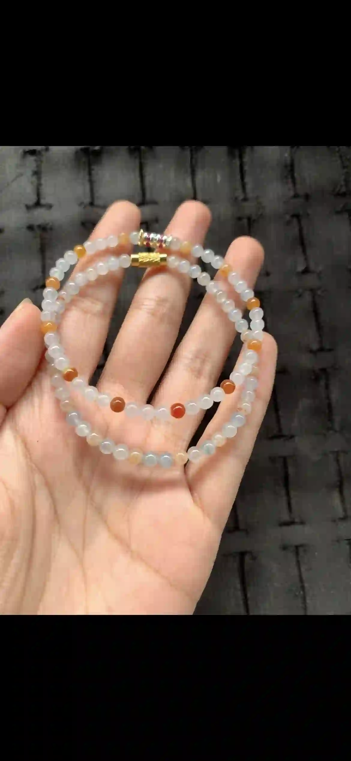 Icy White Jade Bead Bracelet with Warm Orange & Honey Accent Beads | Myanmar Jadeite reference #21030001