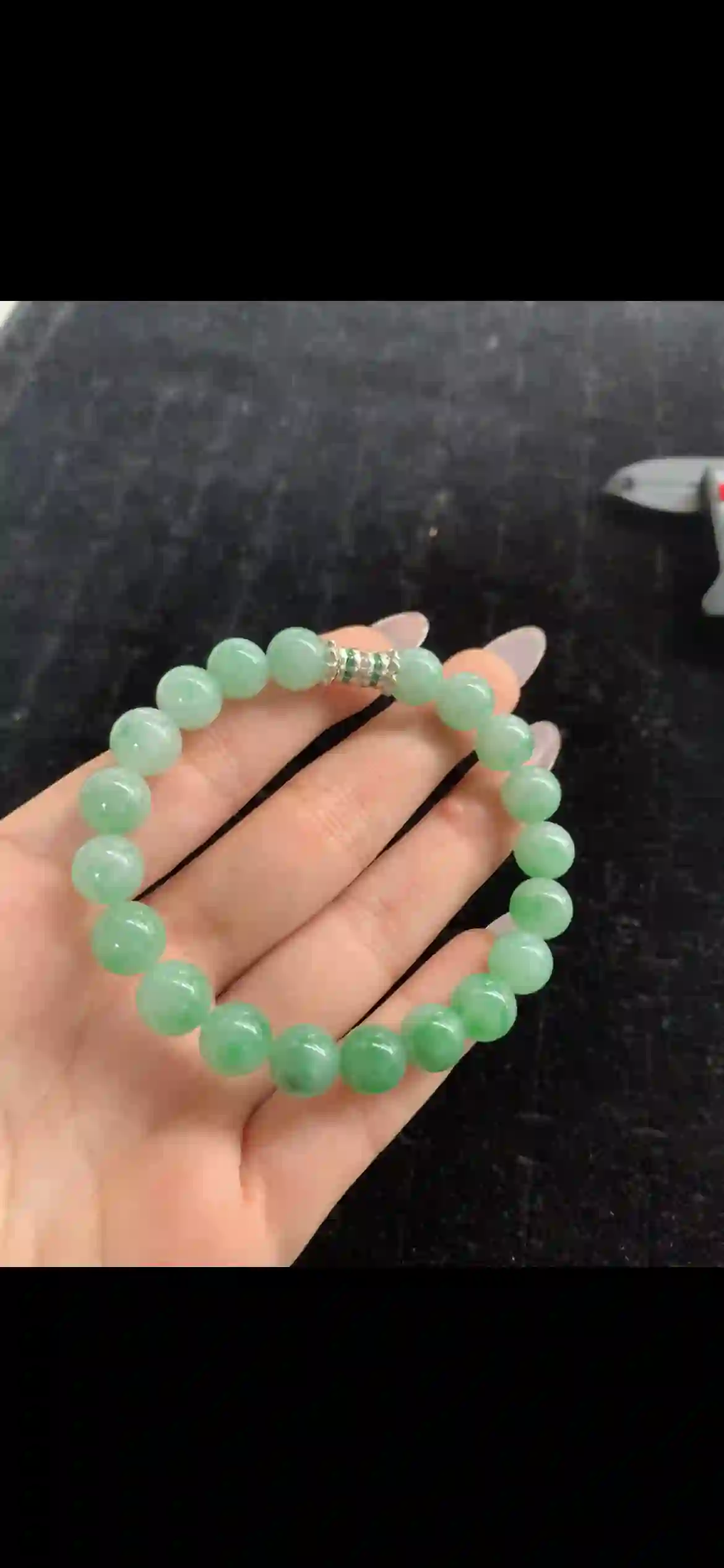 Vivid Apple-Green Floating Jadeite Beaded Bracelet — with Diamond & Emerald Silver Spacer | Myanmar Jadeite reference #30090001