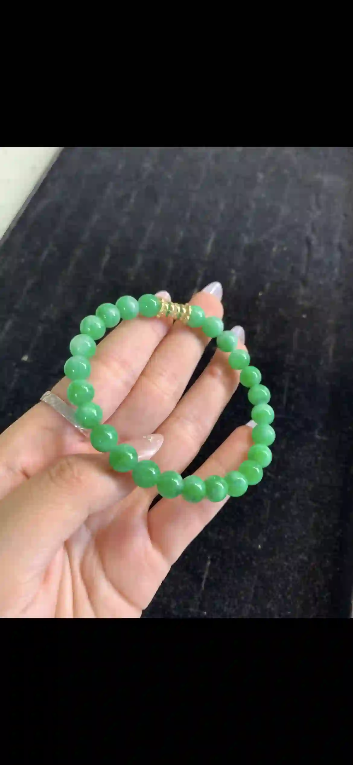 Vibrant Solid Green Jadeite Bead Bracelet with Gold Spacer, view 2 | Myanmar Jadeite reference #21930001