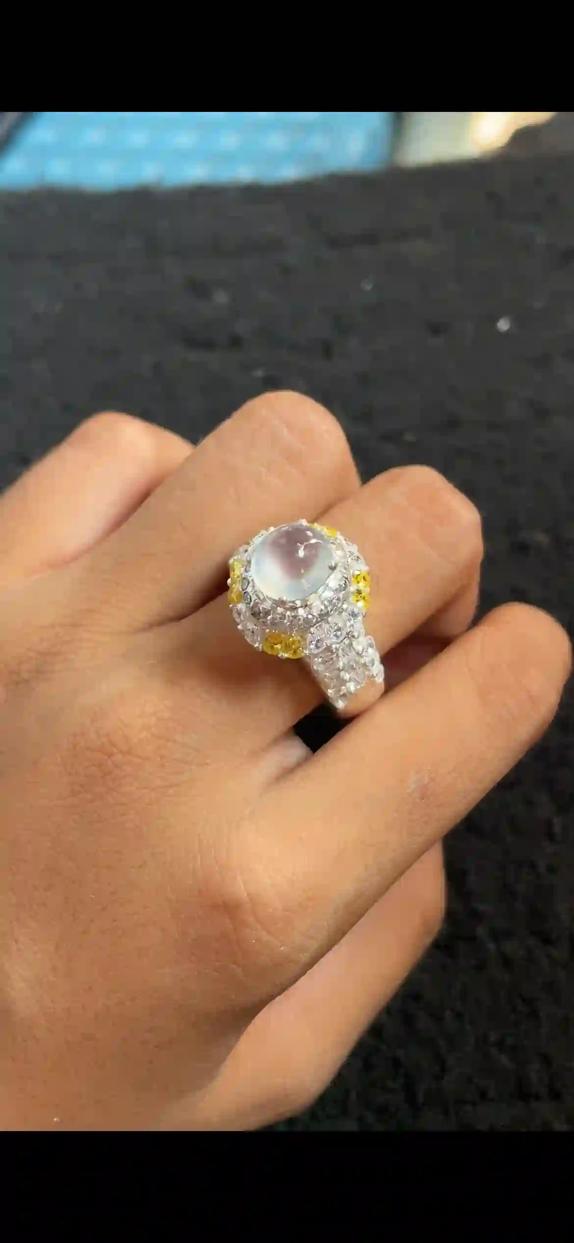   Icy Glassy White Jade Cabochon Ring, Sterling Silver Setting with Yellow & White Accent Stones, view 2 | Myanmar Jadeite reference #4800001