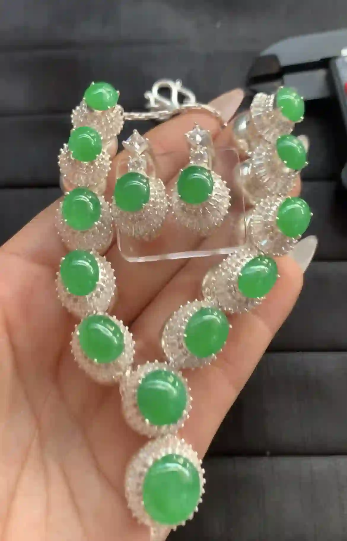  Luxurious Vivid Green Gemstone Jewelry Set - Necklace and Earrings | Myanmar Jadeite reference #1320009