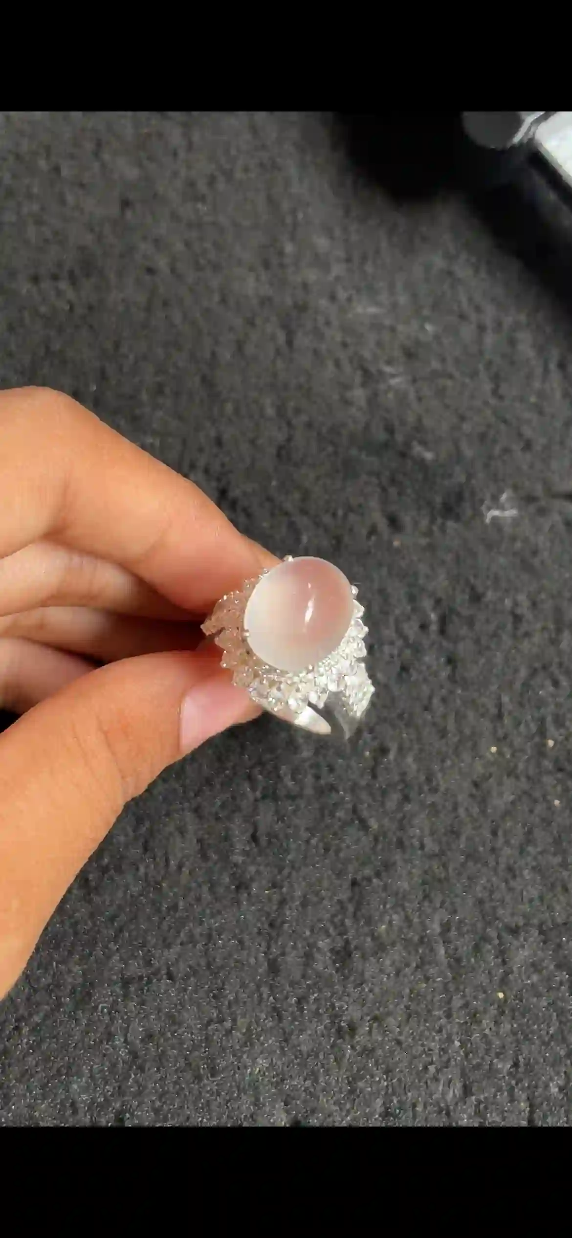  High-Icy Translucent White Jadeite Cabochon Ring with Diamond Halo, view 2 | Myanmar Jadeite reference #7290001