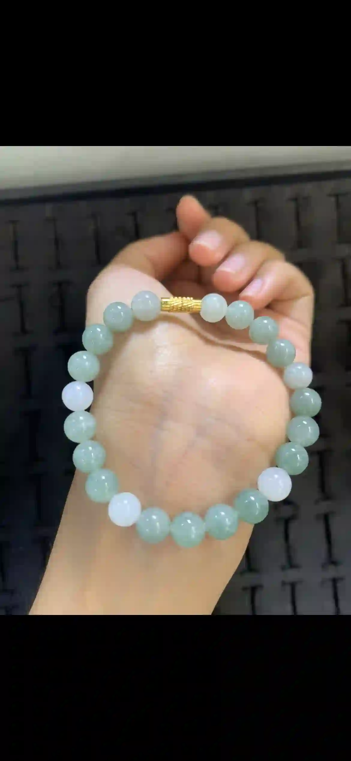 Pale Celadon & Milky White Jade Bead Bracelet with Gold Clasp | Myanmar Jadeite reference #19890001
