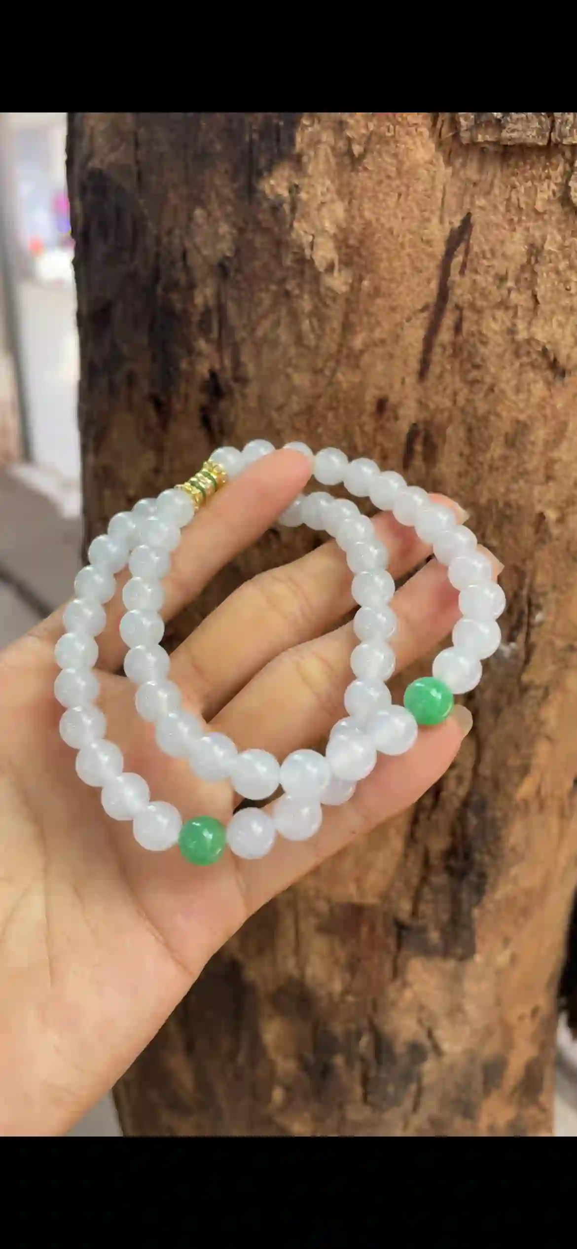  Icy White Jadeite Strand with Bright Green Accent Beads, view 2 | Myanmar Jadeite reference #9990001