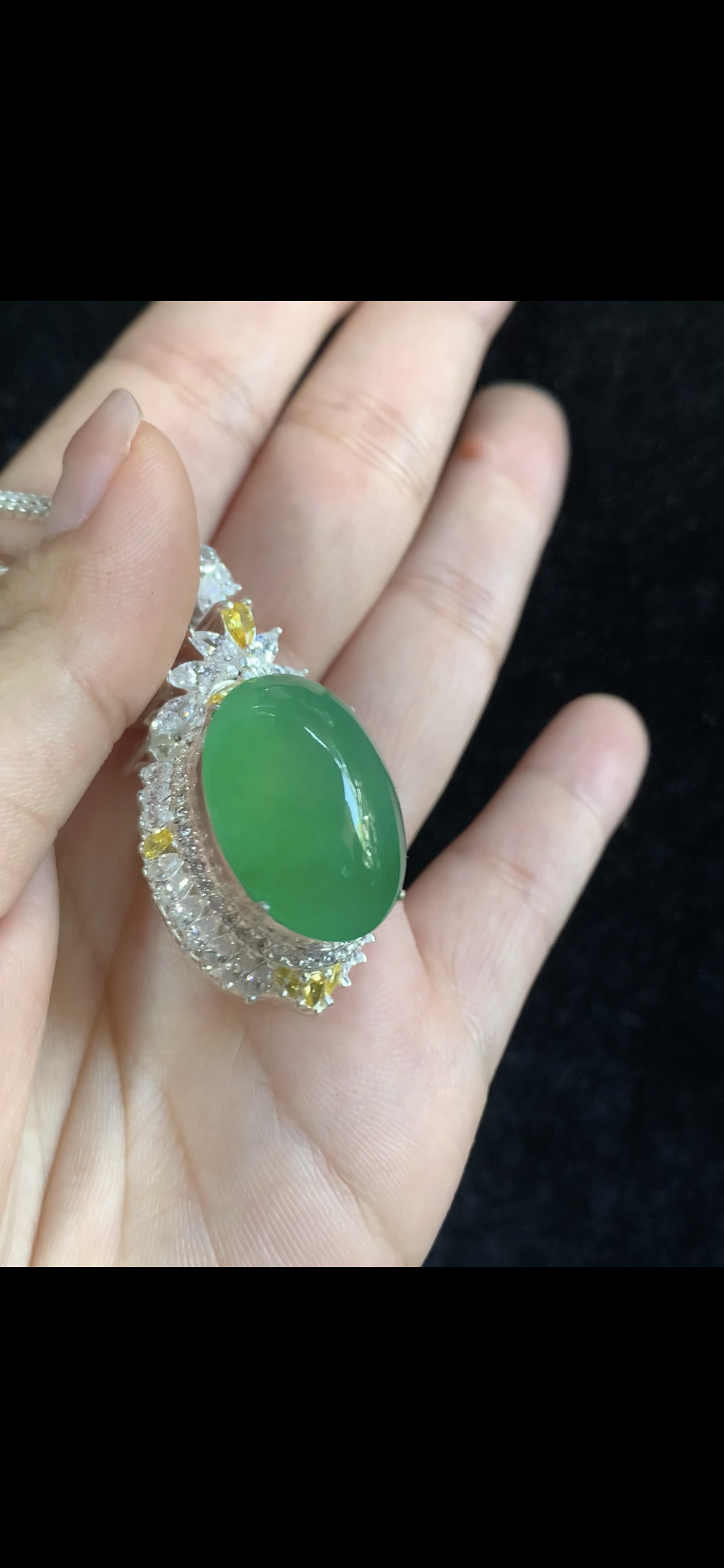 Lush Green Jade Cabochon Halo Pendant with White & Yellow Gemstone Accents