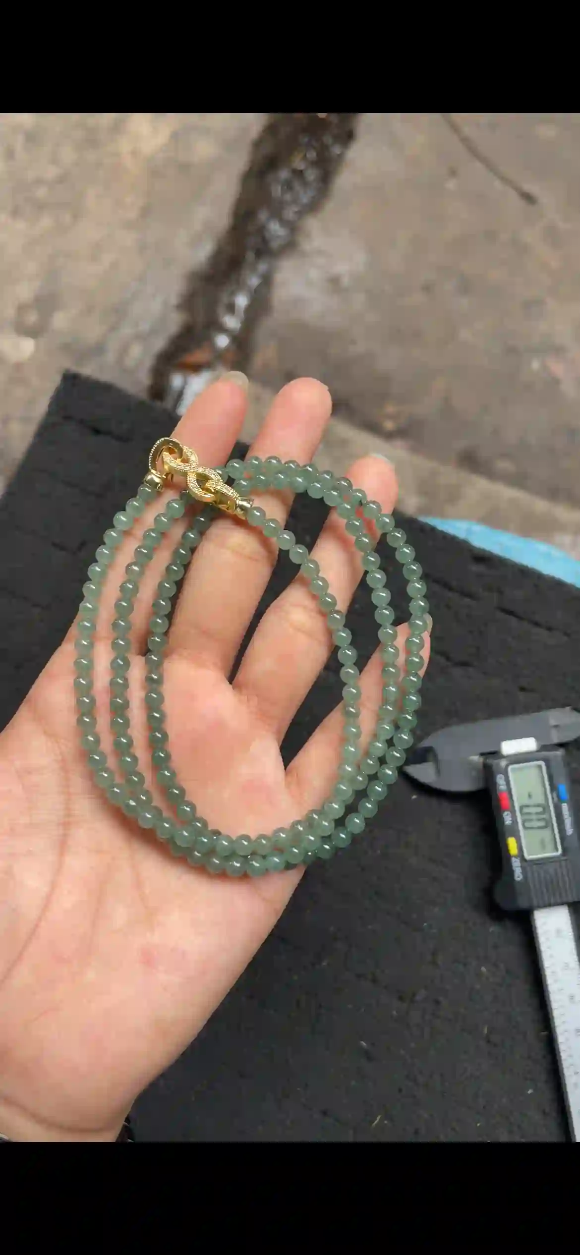 Translucent Deep Green Jadeite Beaded Necklace with Gold Clasp, view 2 | Myanmar Jadeite reference #4410001