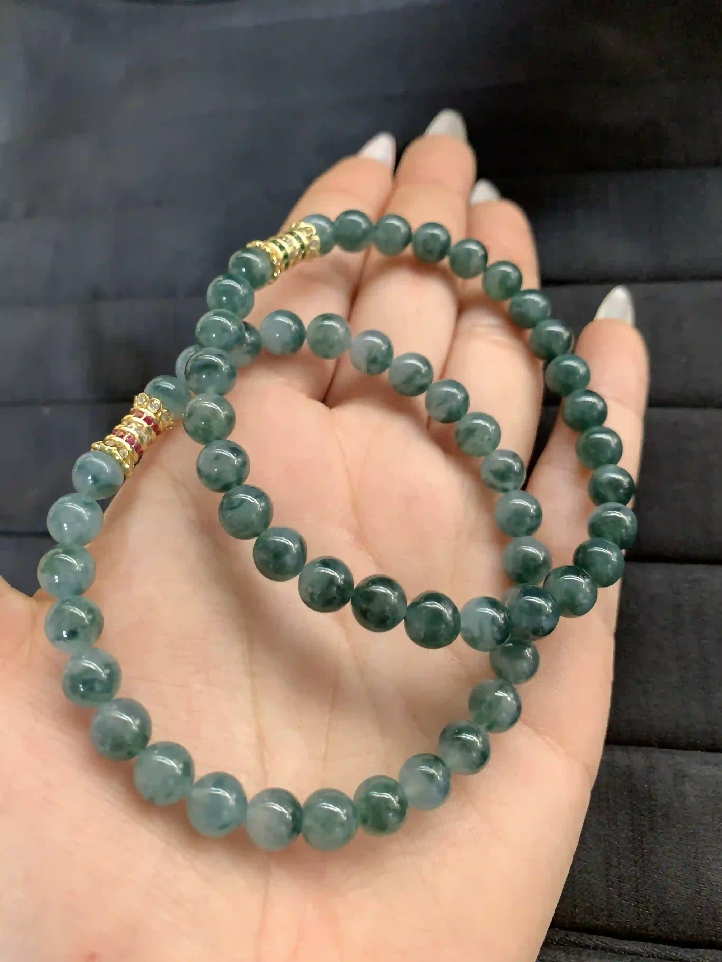 Natural Dark Green Jade Beaded Necklace with Gold Accents, view 2 | Myanmar Jadeite reference #1590001