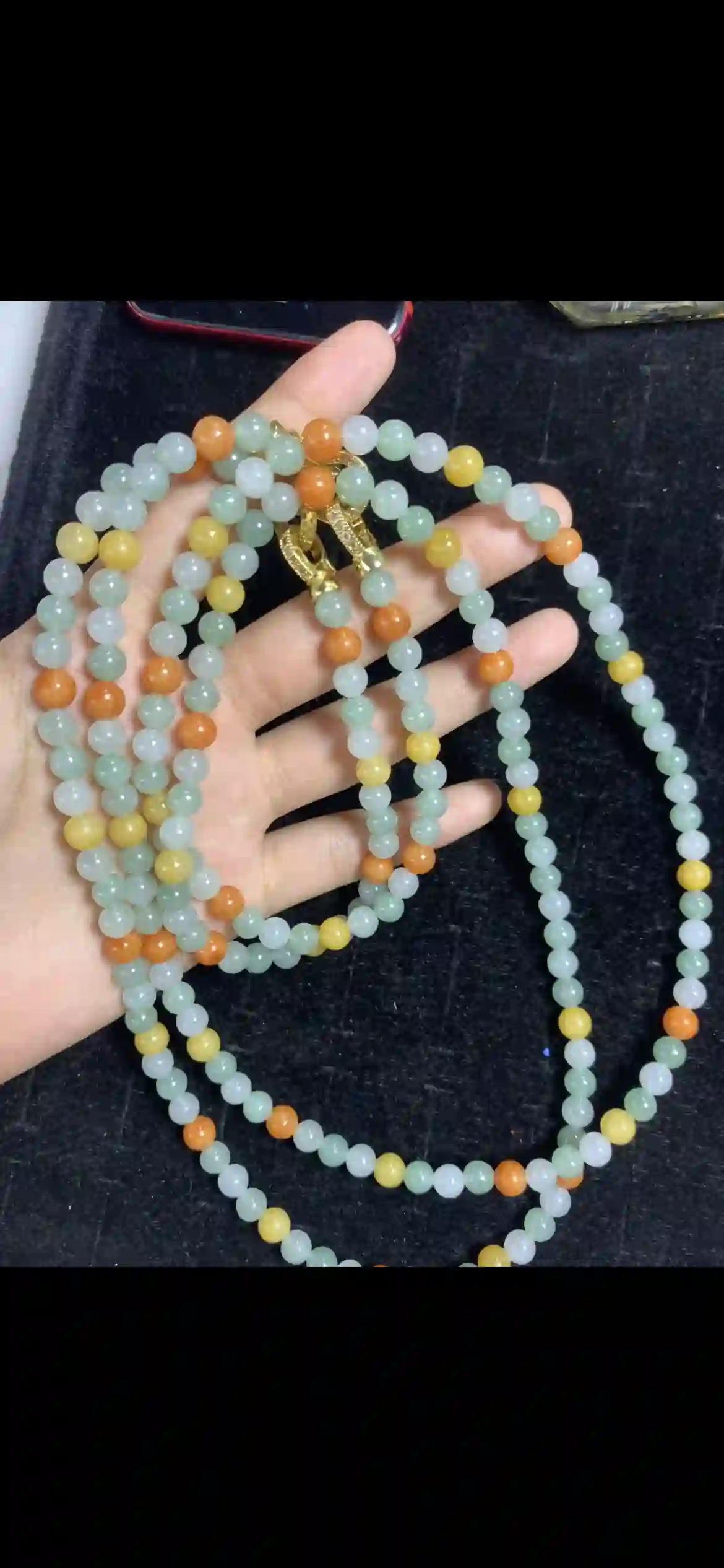 Vibrant Tri-Color Jade Multi-Strand Necklace — with Gold Pave Clasp | Myanmar Jadeite reference #28710001