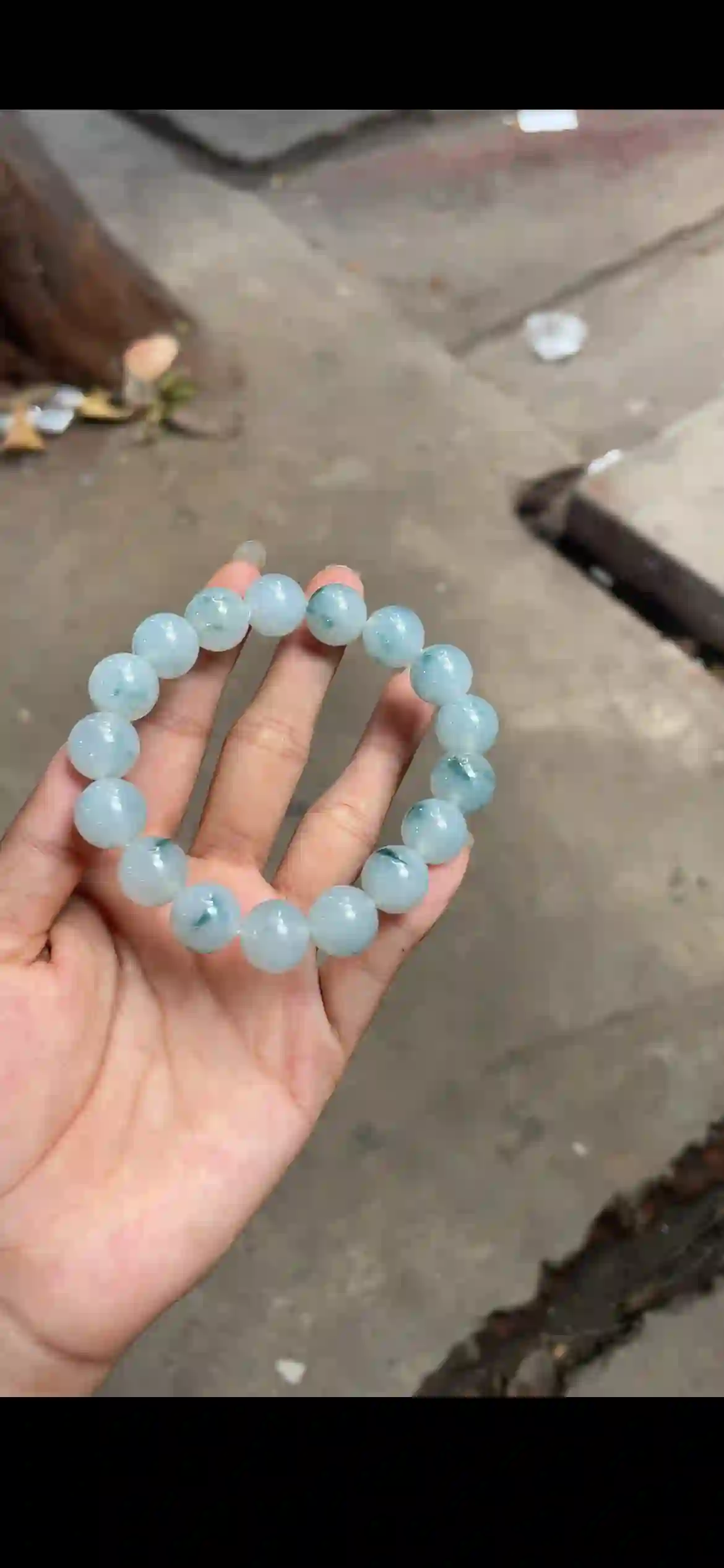 Icy White Jade Bracelet with Floating Blue-Green Inclusions | Myanmar Jadeite reference #22560001